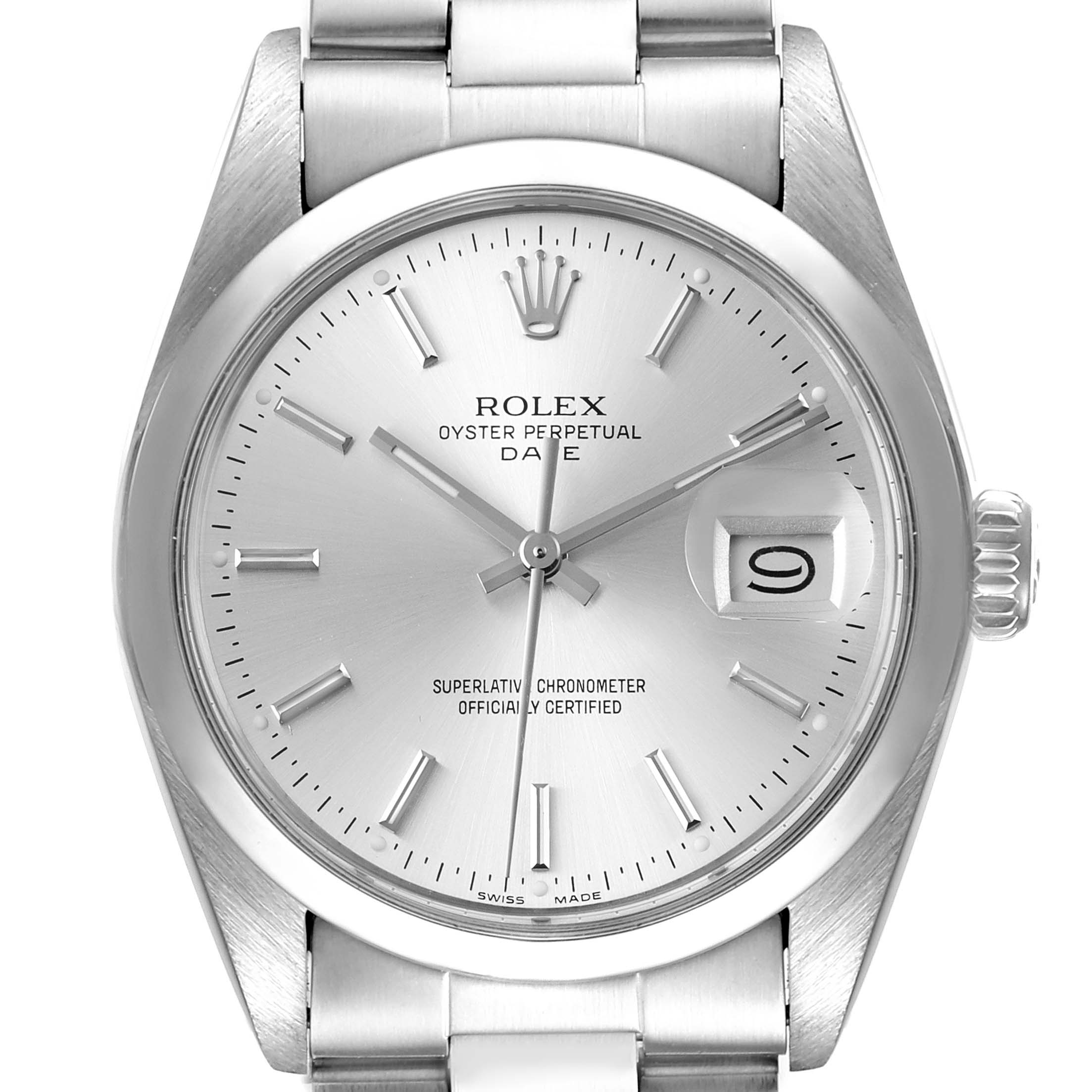 This is a front-angle view of the Rolex Vintage Collection 15000 Men's Stainless Steel Silver Dial 15000 Men's Stainless Steel Silver Dial Oyster Perpetual Date watch, displaying its face, bezel, and part of the bracelet.