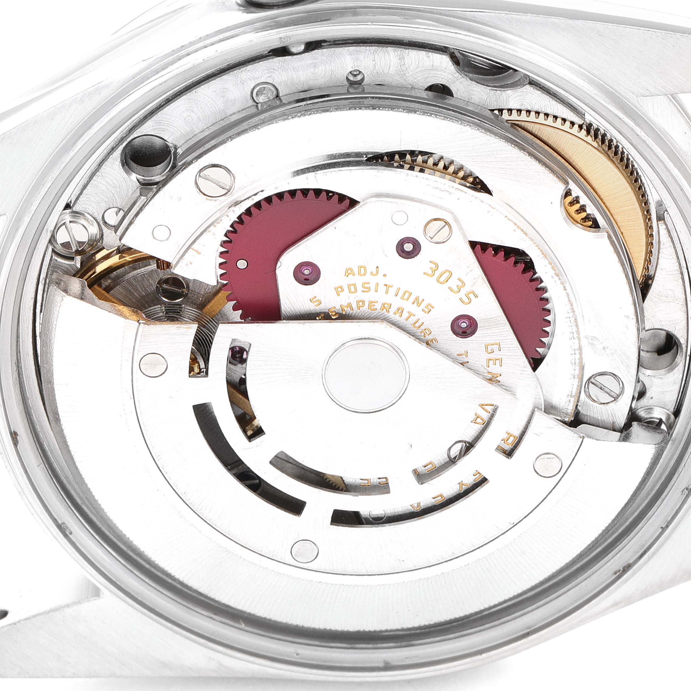 This image shows the internal mechanism and movement of a Rolex Vintage Collection 15000 Men's Stainless Steel Silver Dial 15000 Men's Stainless Steel Silver Dial watch from a top-down angle.