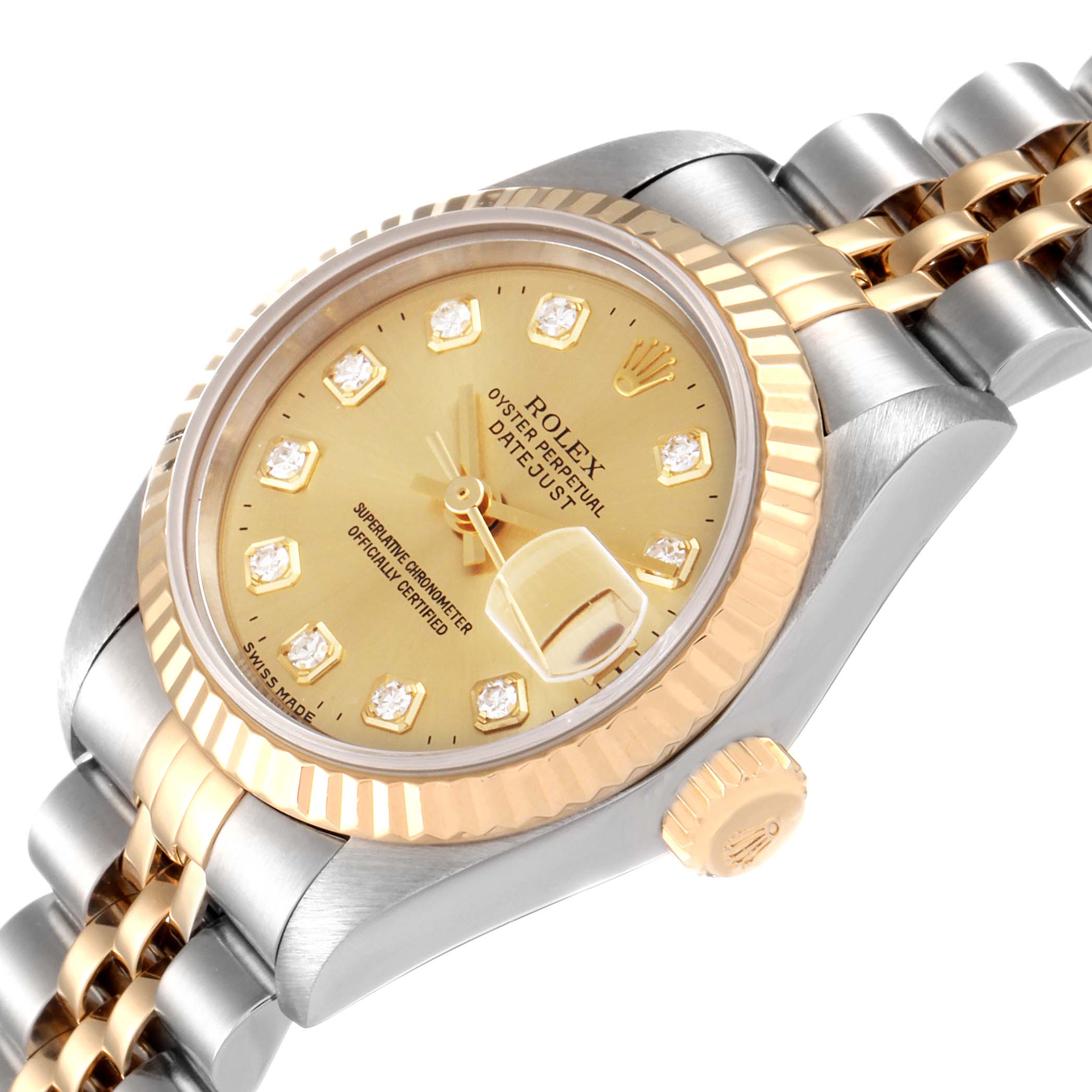 This image shows a close-up angled view of a Rolex Datejust 69173 Women's Steel and Gold (two tone) Champagne Dial 69173 Women's Steel and Gold (two tone) Champagne Dial watch, highlighting the dial, bezel, crown, and bracelet.