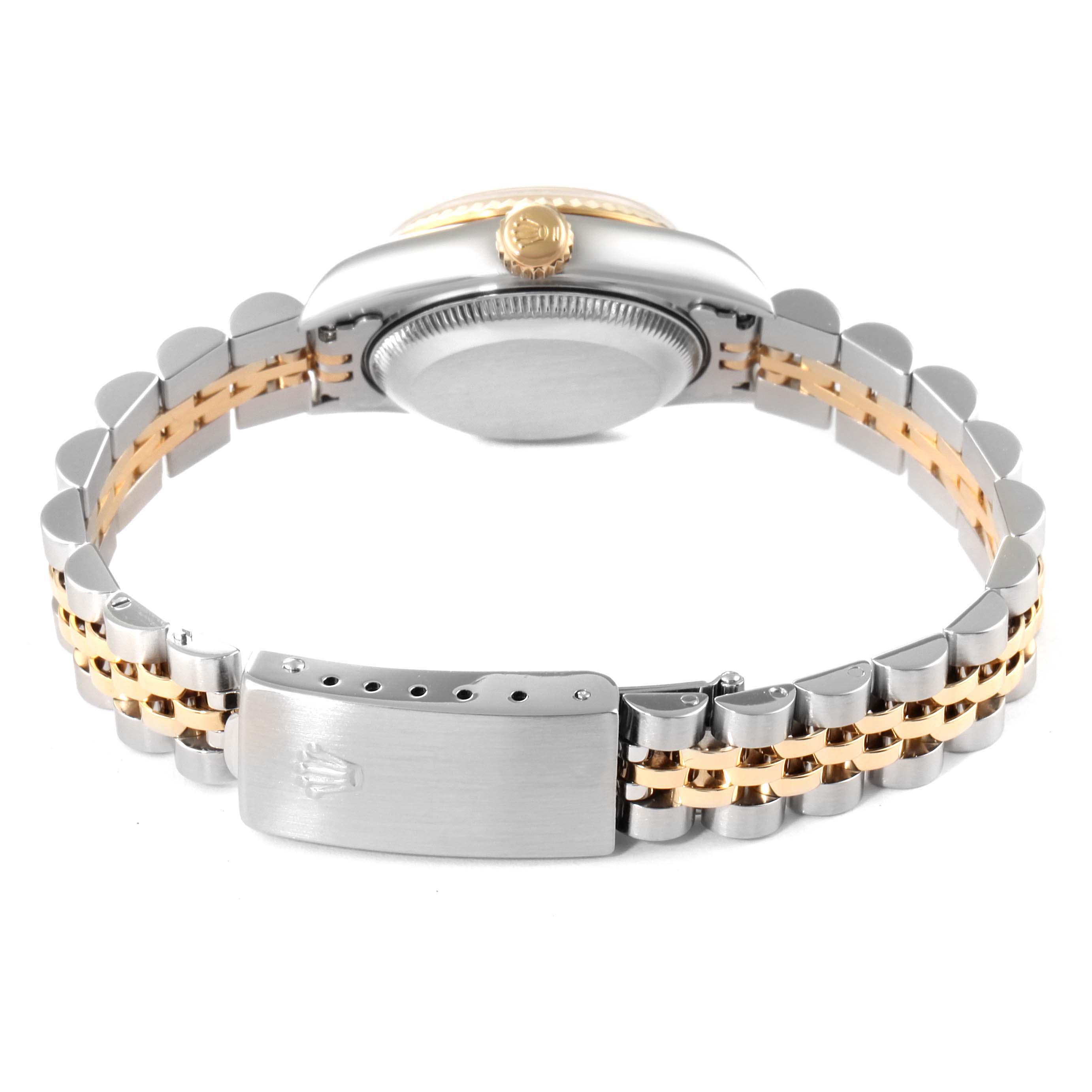 This image shows the back view of a Rolex Datejust 69173 Women's Steel and Gold (two tone) Champagne Dial 69173 Women's Steel and Gold (two tone) Champagne Dial watch, highlighting the clasp and bracelet links.