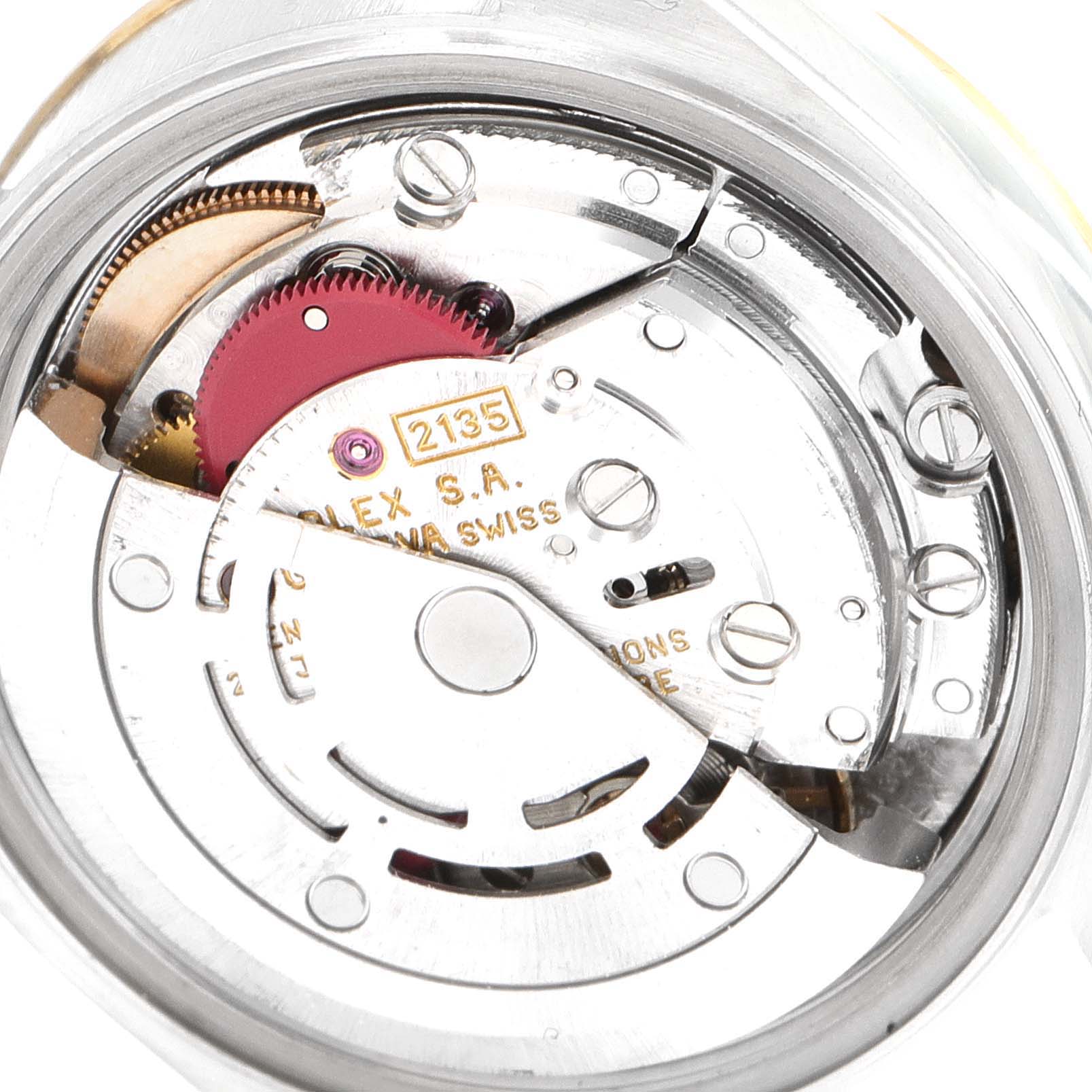 This image shows a close-up of the Rolex Datejust 69173 Women's Steel and Gold (two tone) Champagne Dial 69173 Women's Steel and Gold (two tone) Champagne Dial watch movement parts from a top-down angle.