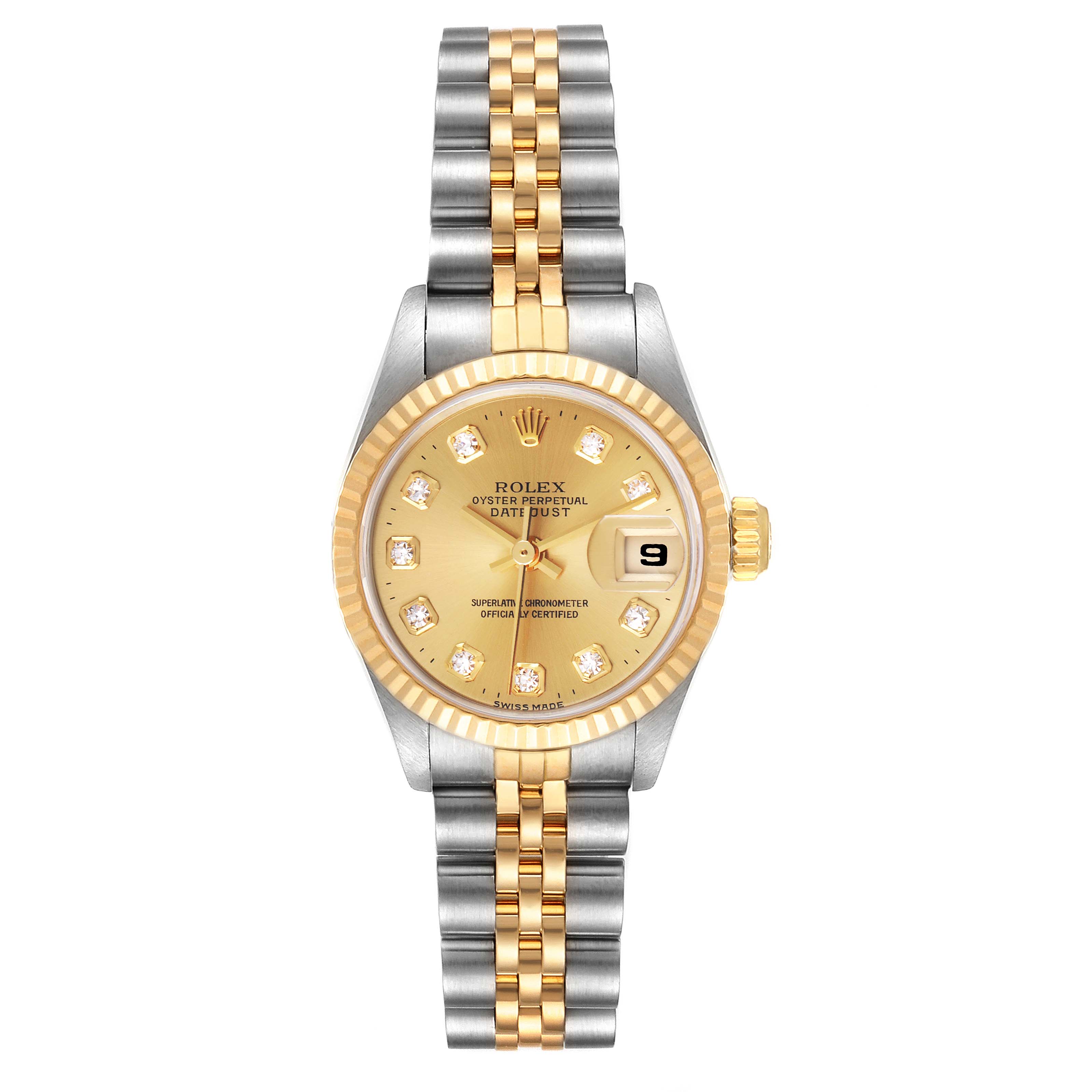 The image shows a front view of a Rolex Datejust 69173 Women's Steel and Gold (two tone) Champagne Dial 69173 Women's Steel and Gold (two tone) Champagne Dial watch, highlighting its two-tone bracelet, fluted bezel, and diamond hour markers.