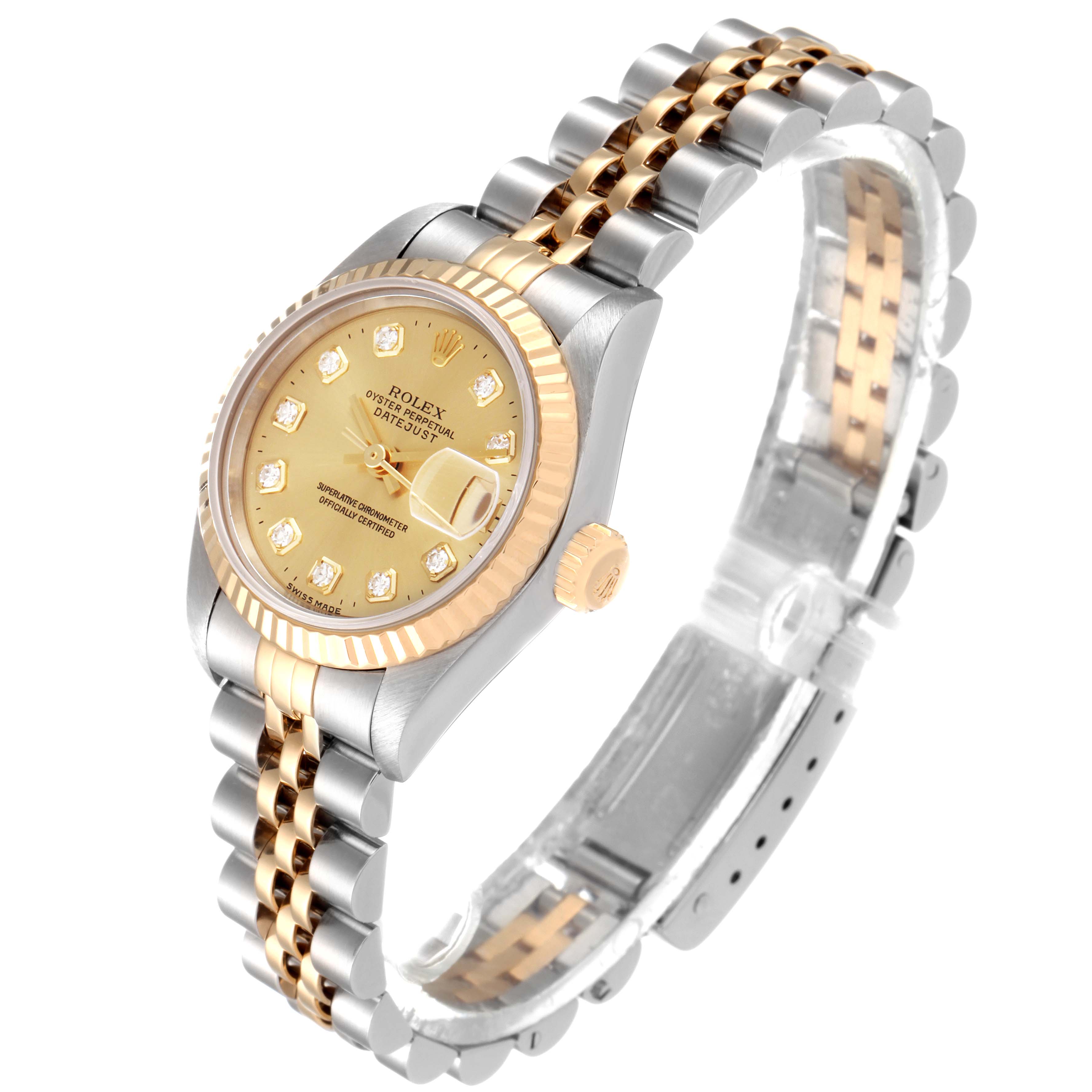 This Rolex Datejust 69173 Women's Steel and Gold (two tone) Champagne Dial 69173 Women's Steel and Gold (two tone) Champagne Dial watch is shown at a slight angle, fully displaying its two-tone gold and silver case and bracelet.
