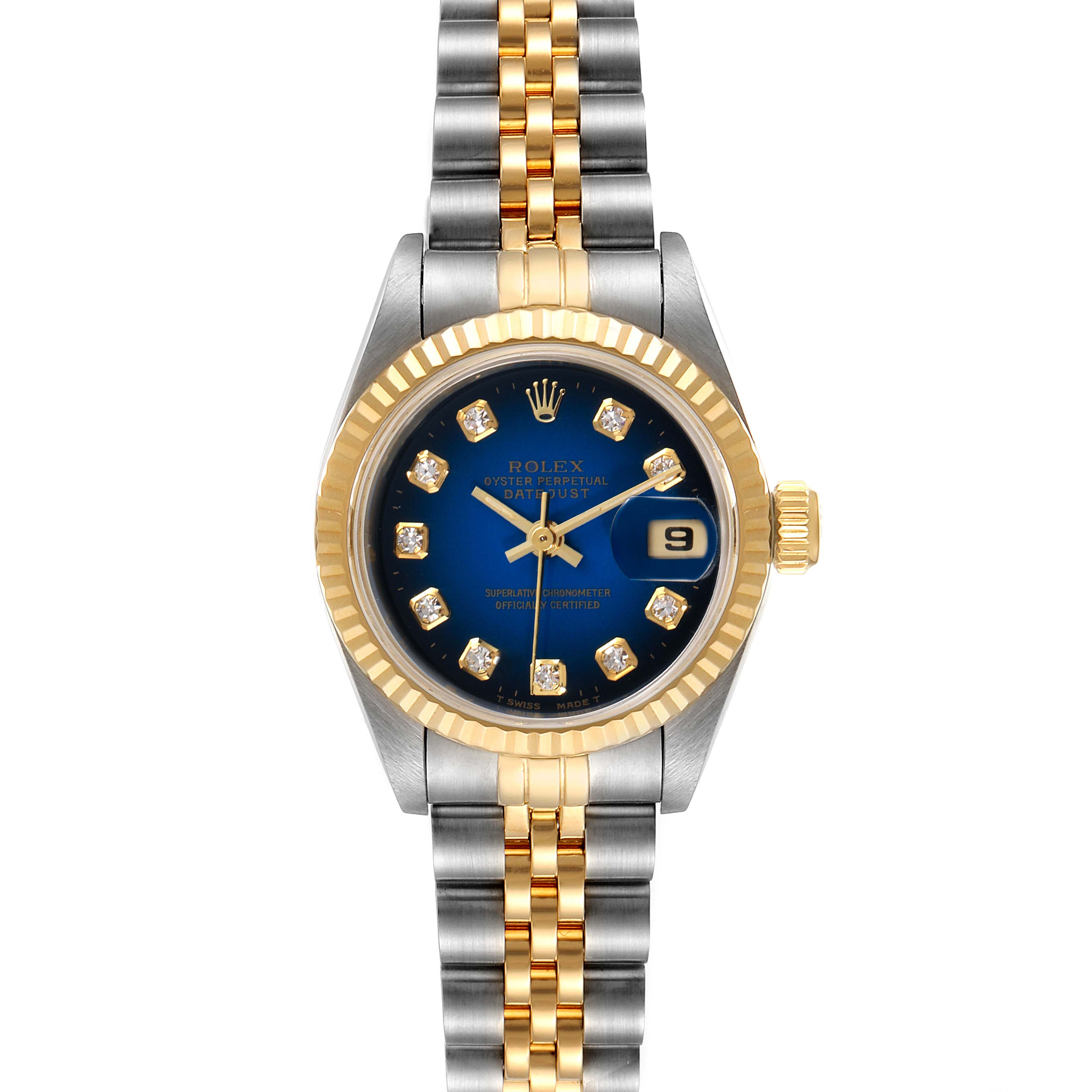 This Rolex Datejust 69173 Women's Steel and Gold (two tone) Blue Dial 69173 Women's Steel and Gold (two tone) Blue Dial model is shown from the front, displaying the dial, bezel, watchband, and crown.