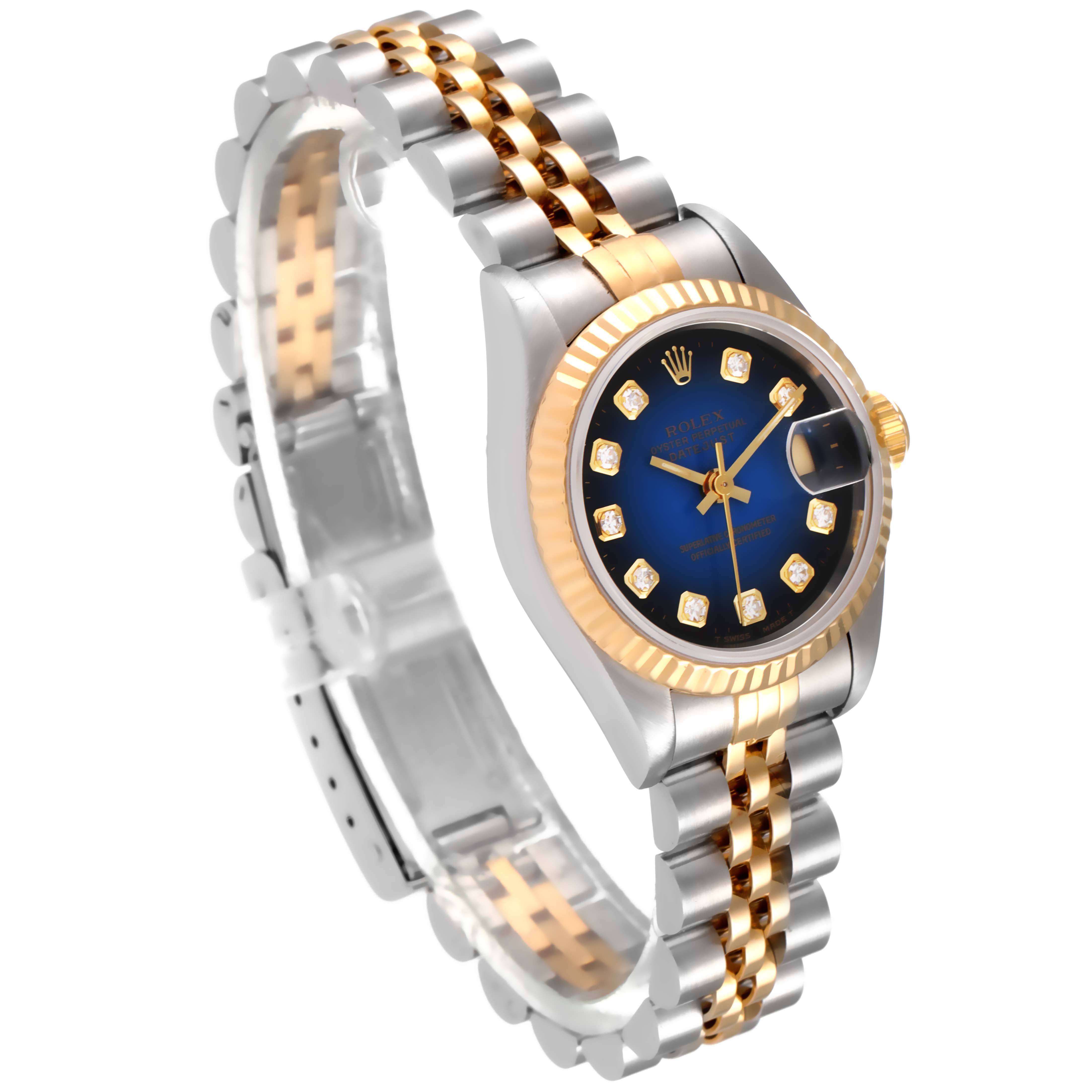 The angle shows a Rolex Datejust 69173 Women's Steel and Gold (two tone) Blue Dial 69173 Women's Steel and Gold (two tone) Blue Dial watch, highlighting its two-tone bracelet, blue dial, and fluted bezel.