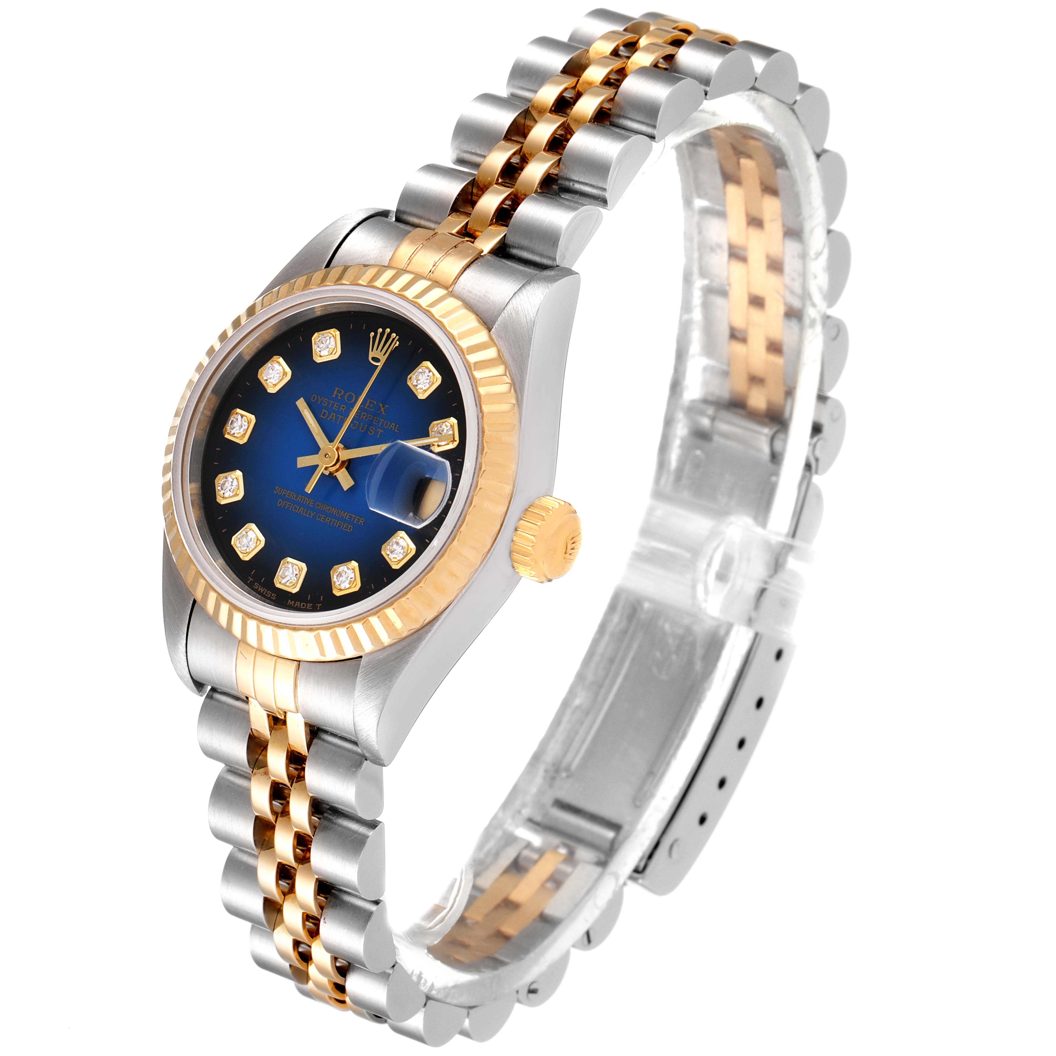 The image shows the Rolex Datejust 69173 Women's Steel and Gold (two tone) Blue Dial 69173 Women's Steel and Gold (two tone) Blue Dial watch at a 45-degree angle, highlighting its blue dial, diamond hour markers, fluted bezel, and jubilee bracelet.