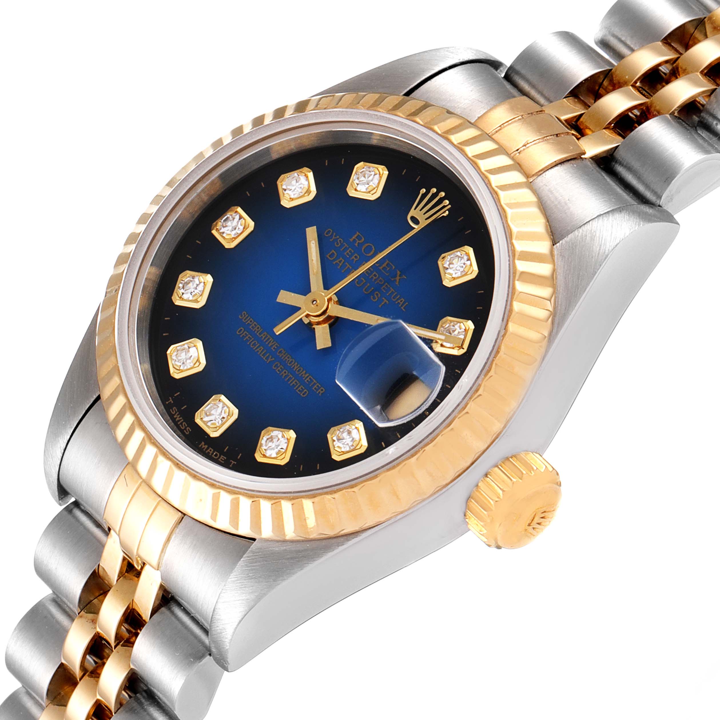 The Rolex Datejust 69173 Women's Steel and Gold (two tone) Blue Dial 69173 Women's Steel and Gold (two tone) Blue Dial watch is shown at an angle highlighting the blue dial, diamond hour markers, fluted bezel, and two-tone bracelet.
