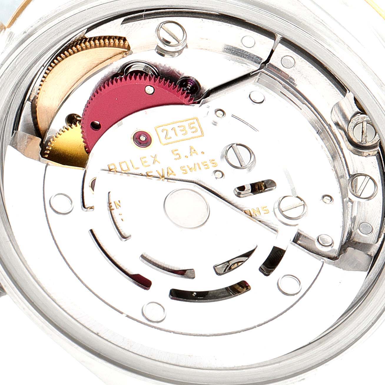 This image shows a close-up view of the movement mechanism of a Rolex Datejust 69173 Women's Steel and Gold (two tone) Blue Dial 69173 Women's Steel and Gold (two tone) Blue Dial watch.