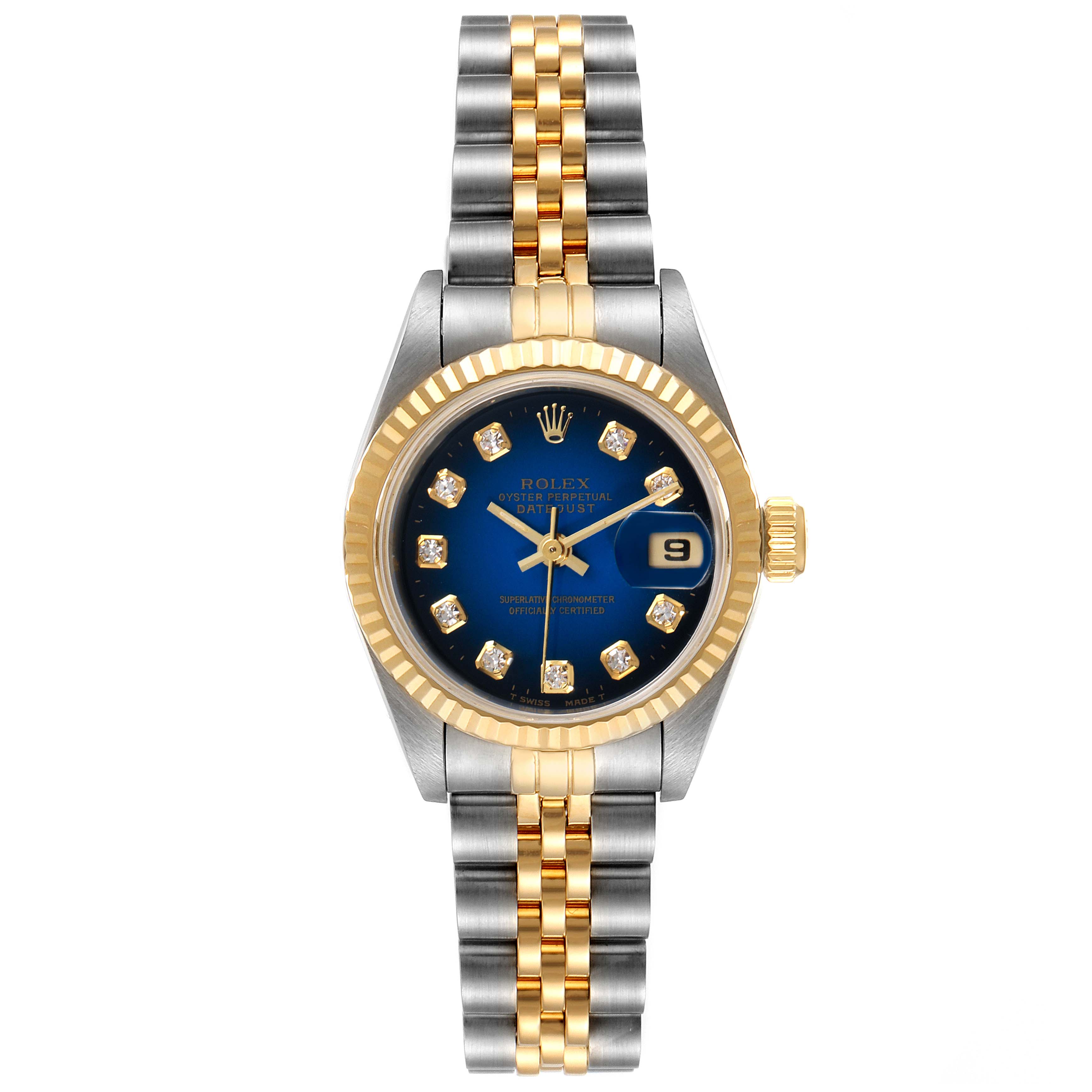 The image shows a frontal view of a Rolex Datejust 69173 Women's Steel and Gold (two tone) Blue Dial 69173 Women's Steel and Gold (two tone) Blue Dial watch, highlighting its dual-tone bracelet and blue dial with diamond indices.