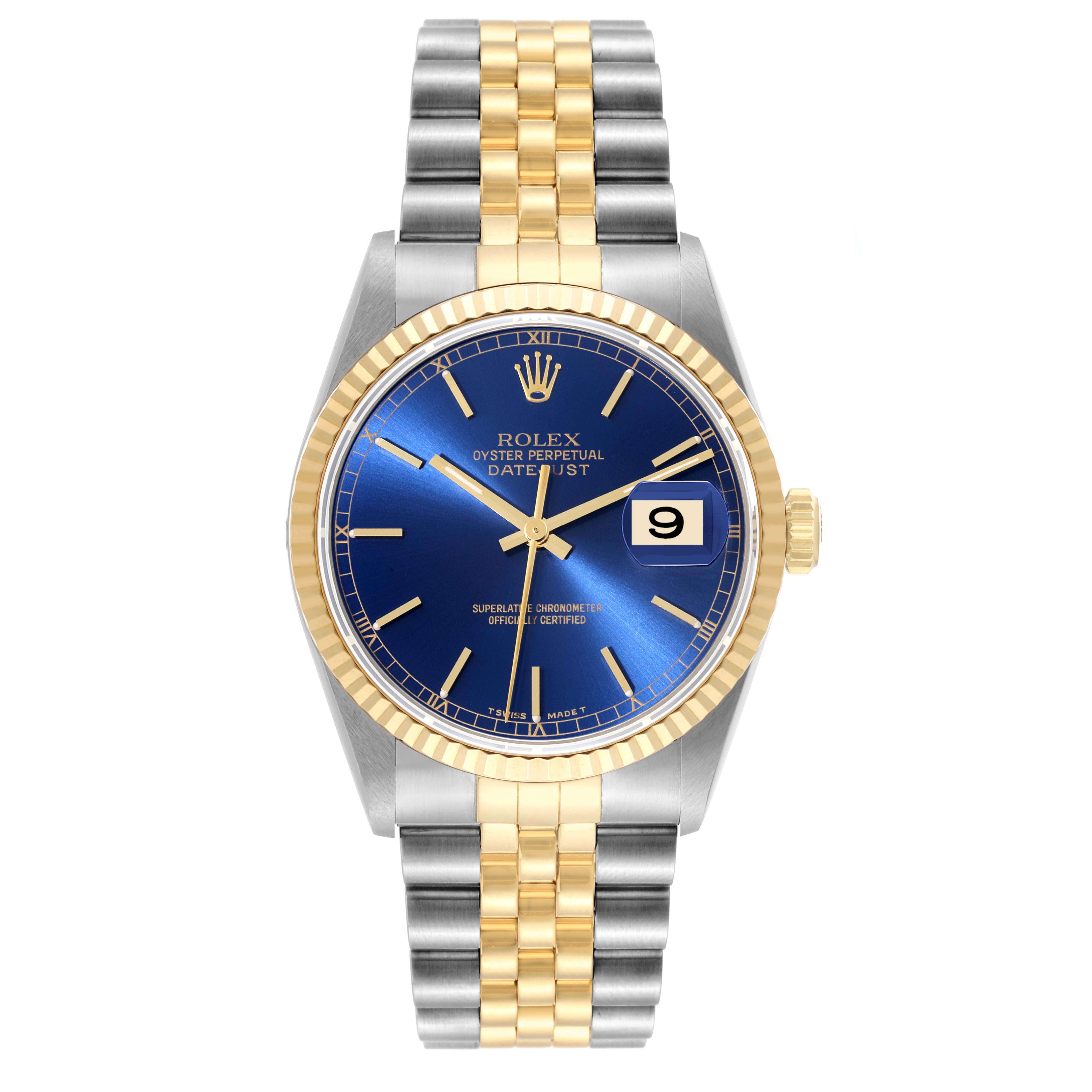The Rolex Datejust 16233 Men's Steel and Gold (two tone) Blue Dial 16233 Men's Steel and Gold (two tone) Blue Dial watch is shown from a straight-on angle, displaying its blue dial, date window, and two-tone bracelet.