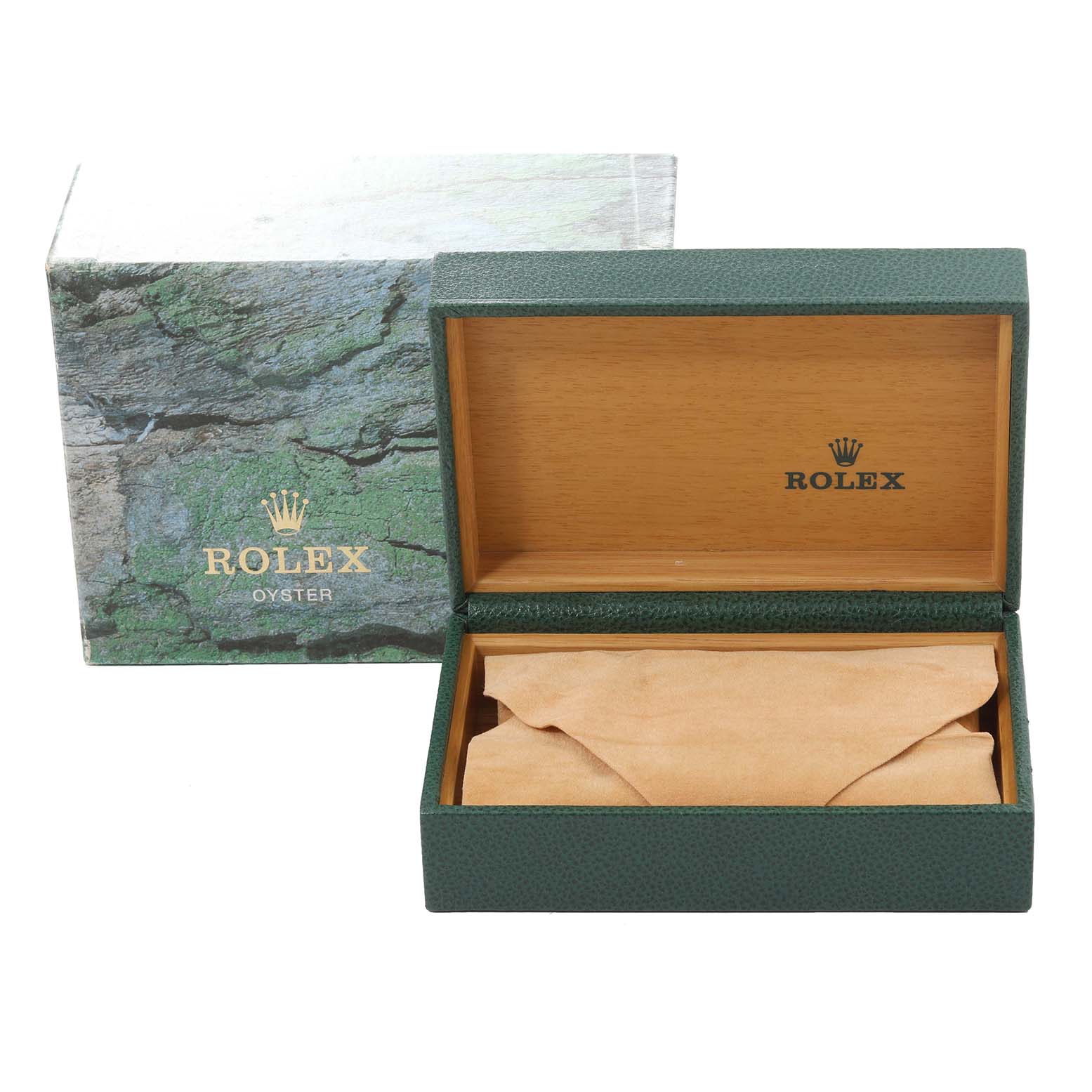 The image shows an open Rolex Datejust 16233 Men's Steel and Gold (two tone) Blue Dial 16233 Men's Steel and Gold (two tone) Blue Dial watch box with a protective paper wrap inside and an outer cardboard box next to it.