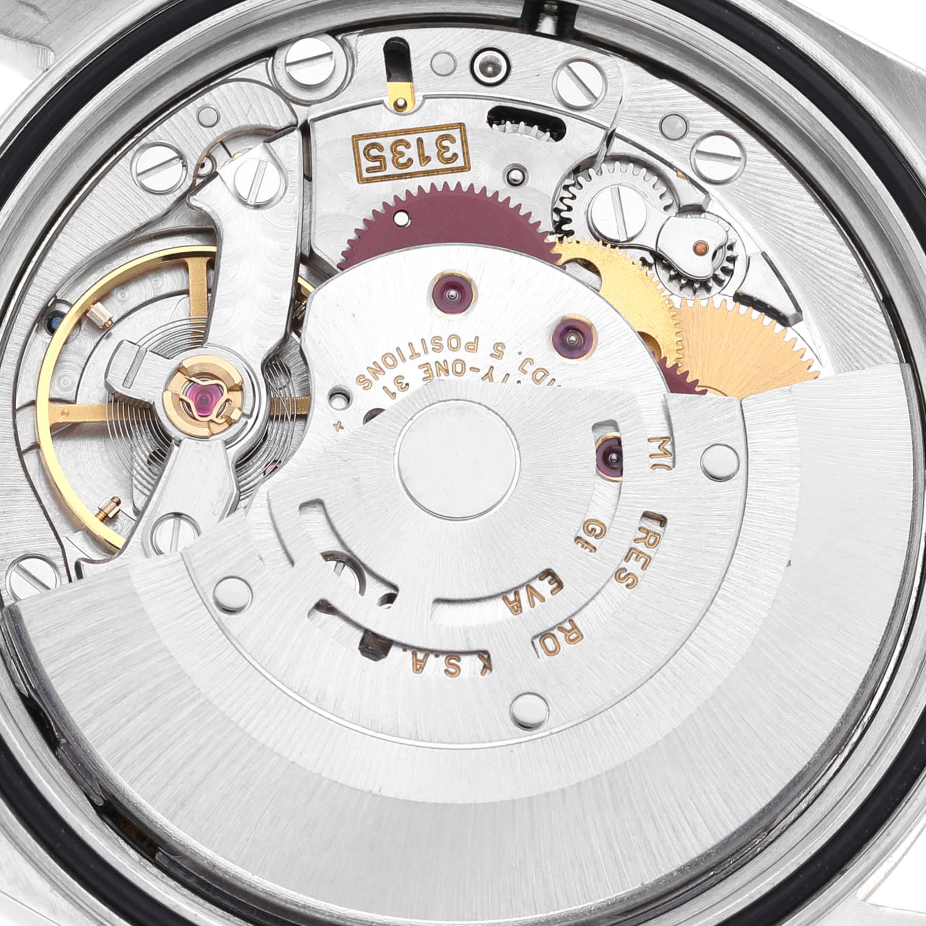 The image shows the internal mechanism, including gears and movements, of a Rolex Datejust 16233 Men's Steel and Gold (two tone) Blue Dial 16233 Men's Steel and Gold (two tone) Blue Dial watch viewed from the back.
