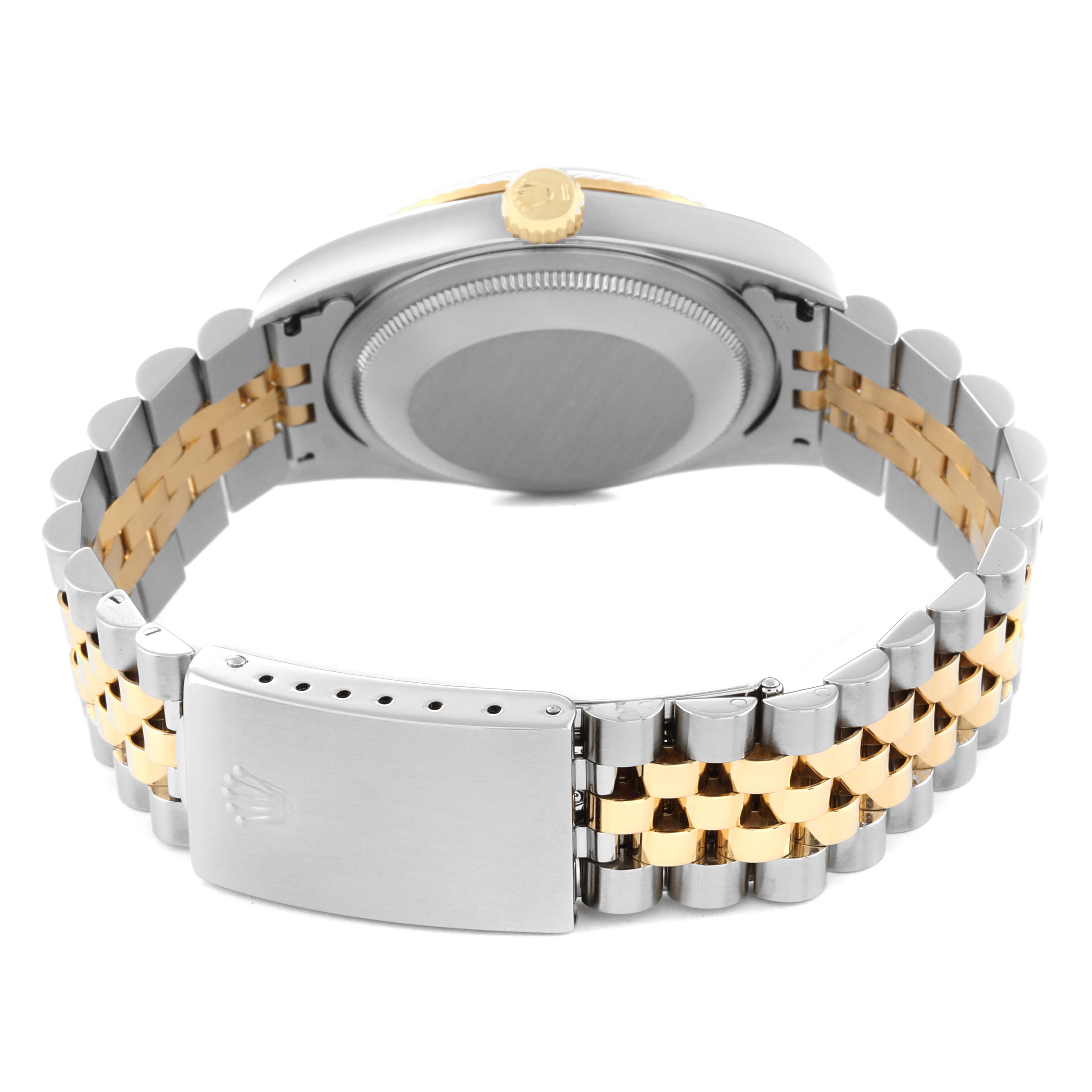 The image shows the back view of a Rolex Datejust 16233 Men's Steel and Gold (two tone) Blue Dial 16233 Men's Steel and Gold (two tone) Blue Dial watch, highlighting its two-tone Jubilee bracelet and clasp.