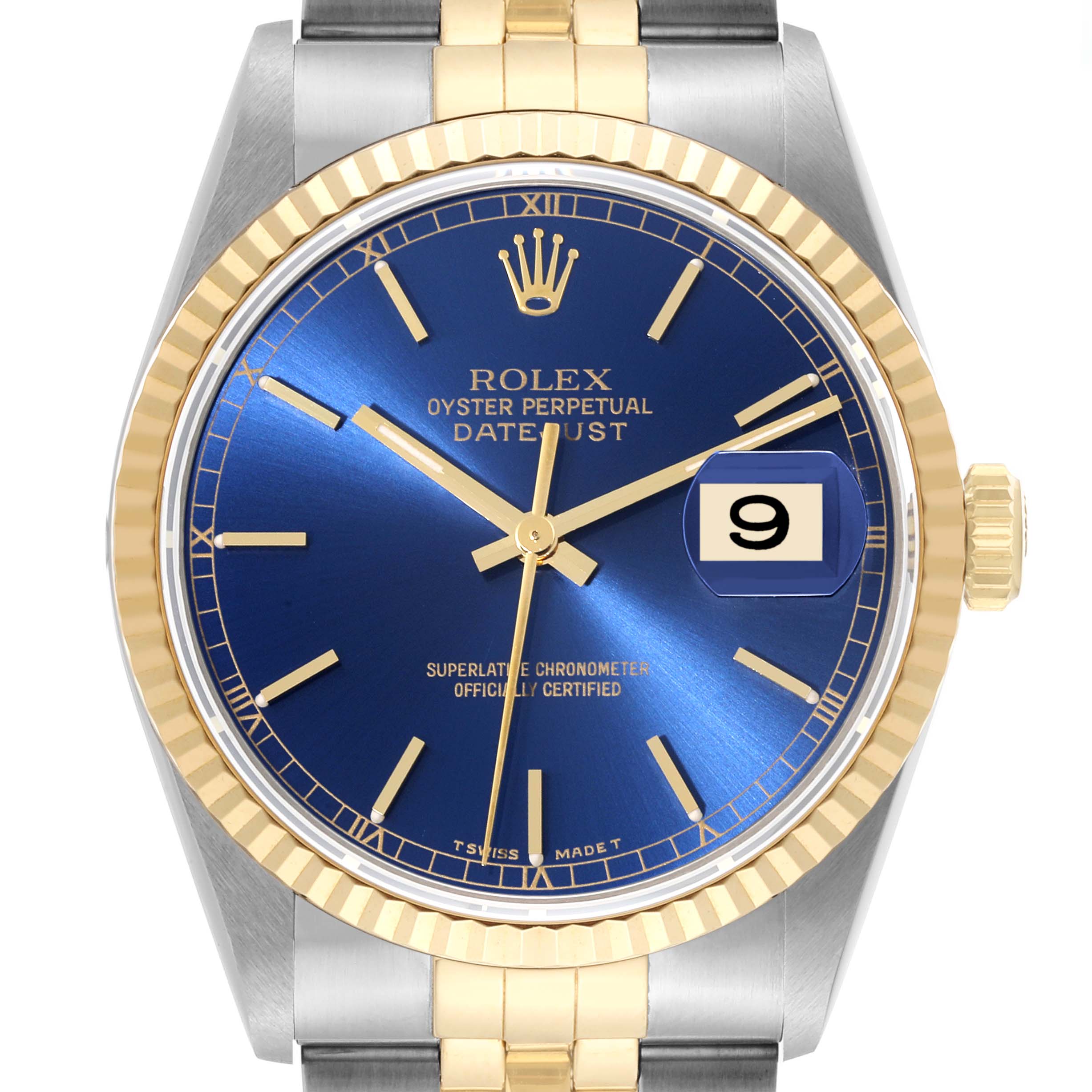 This image shows a frontal view of a Rolex Datejust 16233 Men's Steel and Gold (two tone) Blue Dial 16233 Men's Steel and Gold (two tone) Blue Dial watch featuring a blue dial, gold hands, date display, and gold/silver band.