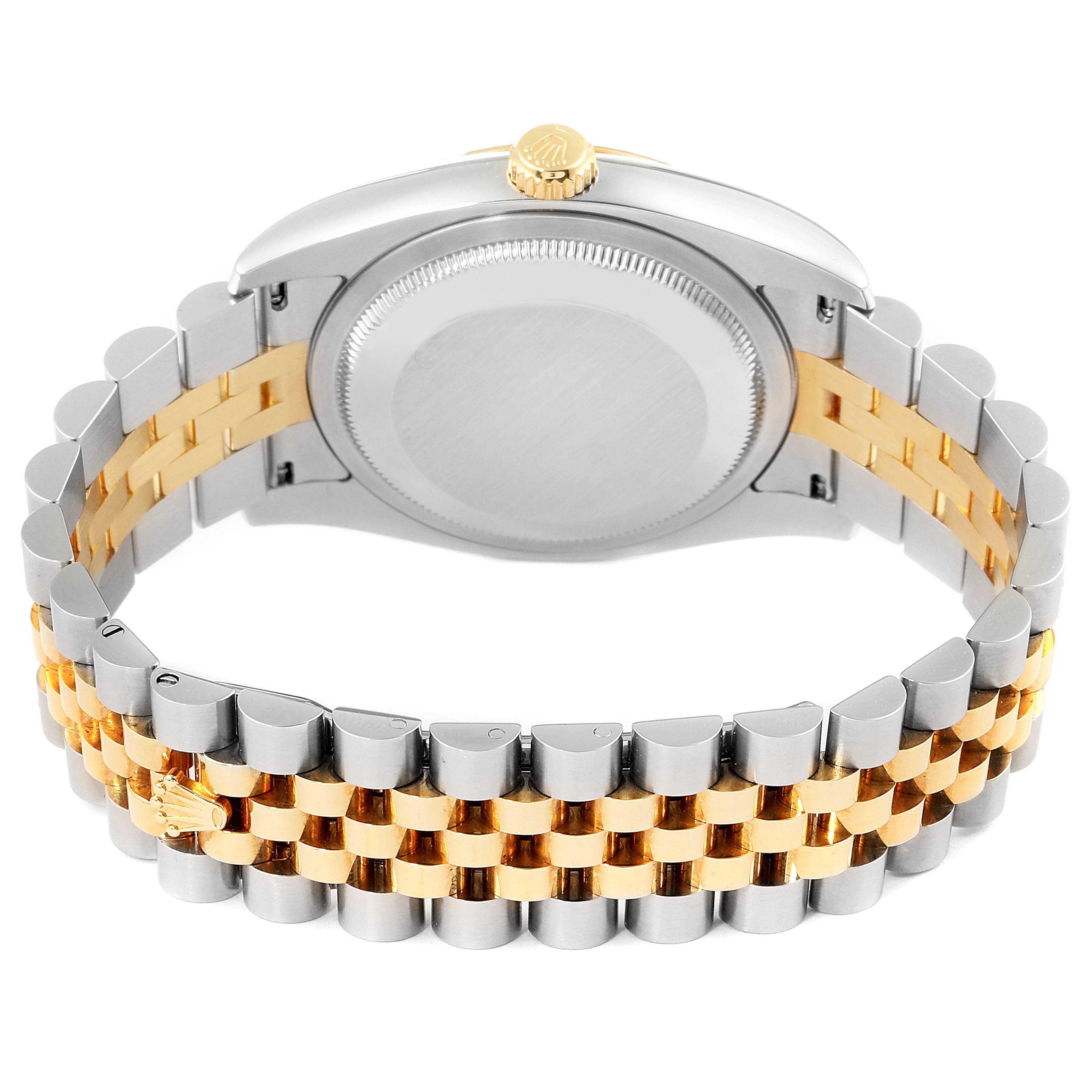 The image shows the back view of a Rolex Datejust 116233 Men's Steel and Gold (two tone) Champagne Dial 116233 Men's Steel and Gold (two tone) Champagne Dial watch, highlighting the case back and Jubilee bracelet.
