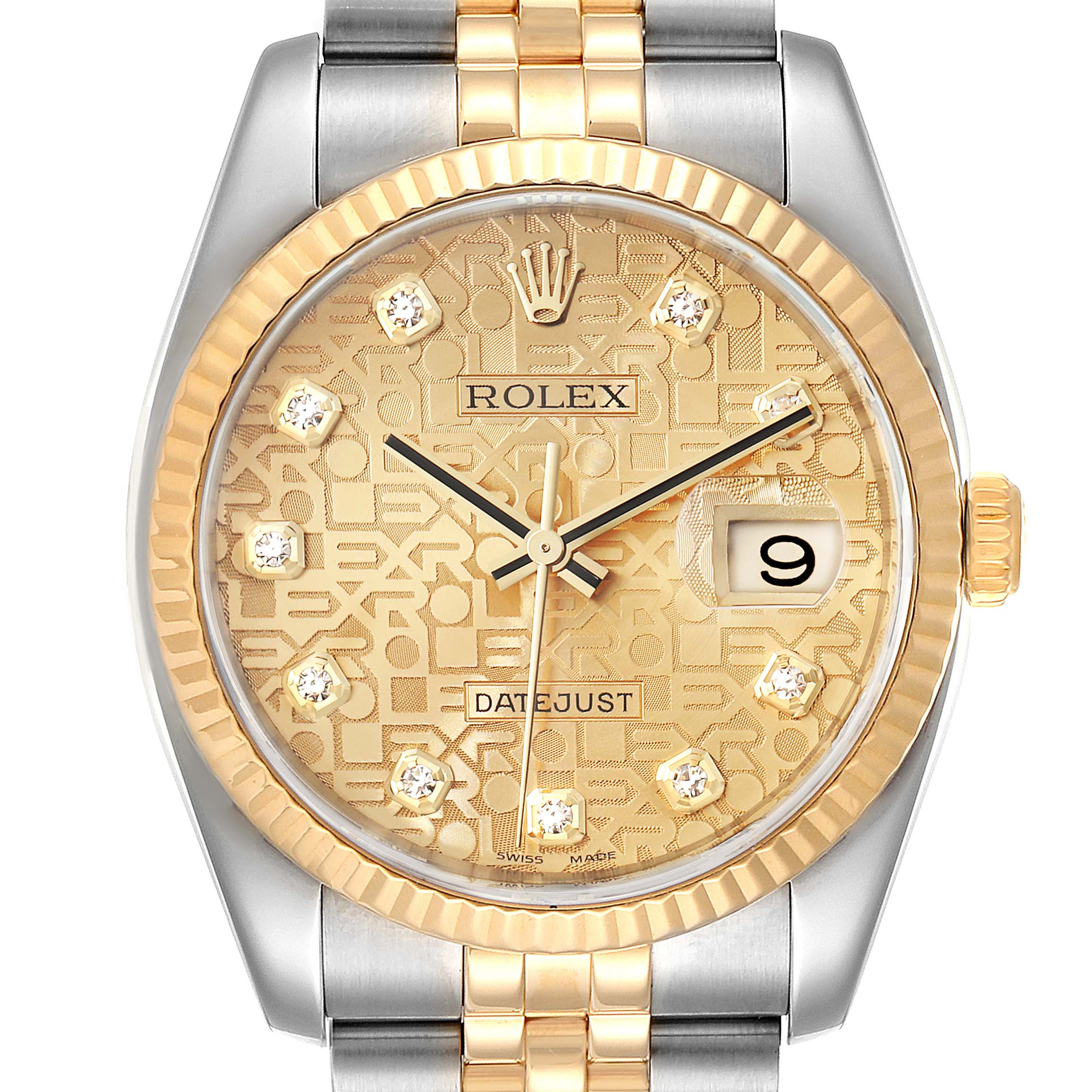 This image shows a close-up of the dial and bezel of the Rolex Datejust 116233 Men's Steel and Gold (two tone) Champagne Dial 116233 Men's Steel and Gold (two tone) Champagne Dial watch, highlighting its gold-toned face and diamond hour markers.