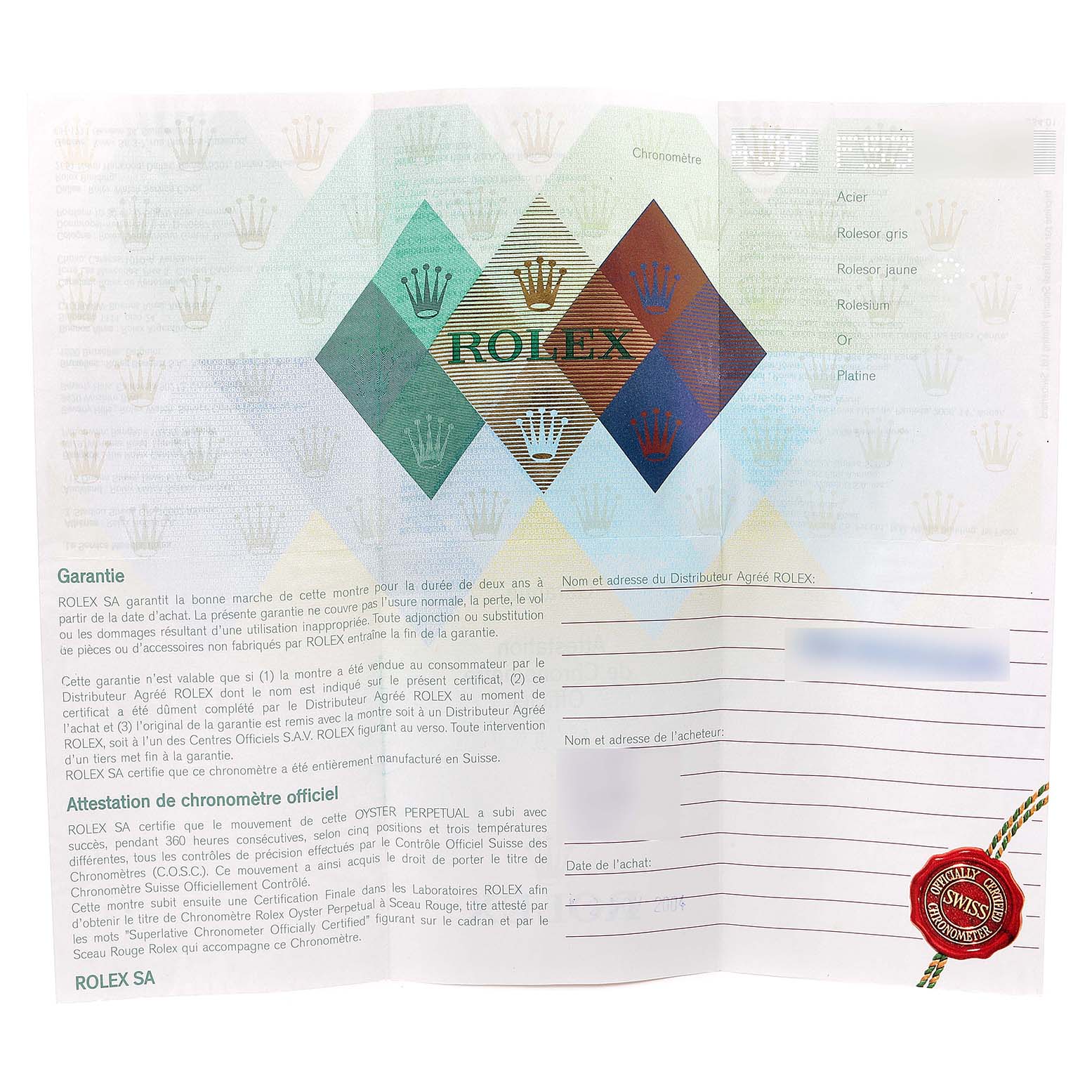 The image shows an official warranty and chronometer certificate for the Rolex Datejust 116233 Men's Steel and Gold (two tone) Champagne Dial 116233 Men's Steel and Gold (two tone) Champagne Dial model.