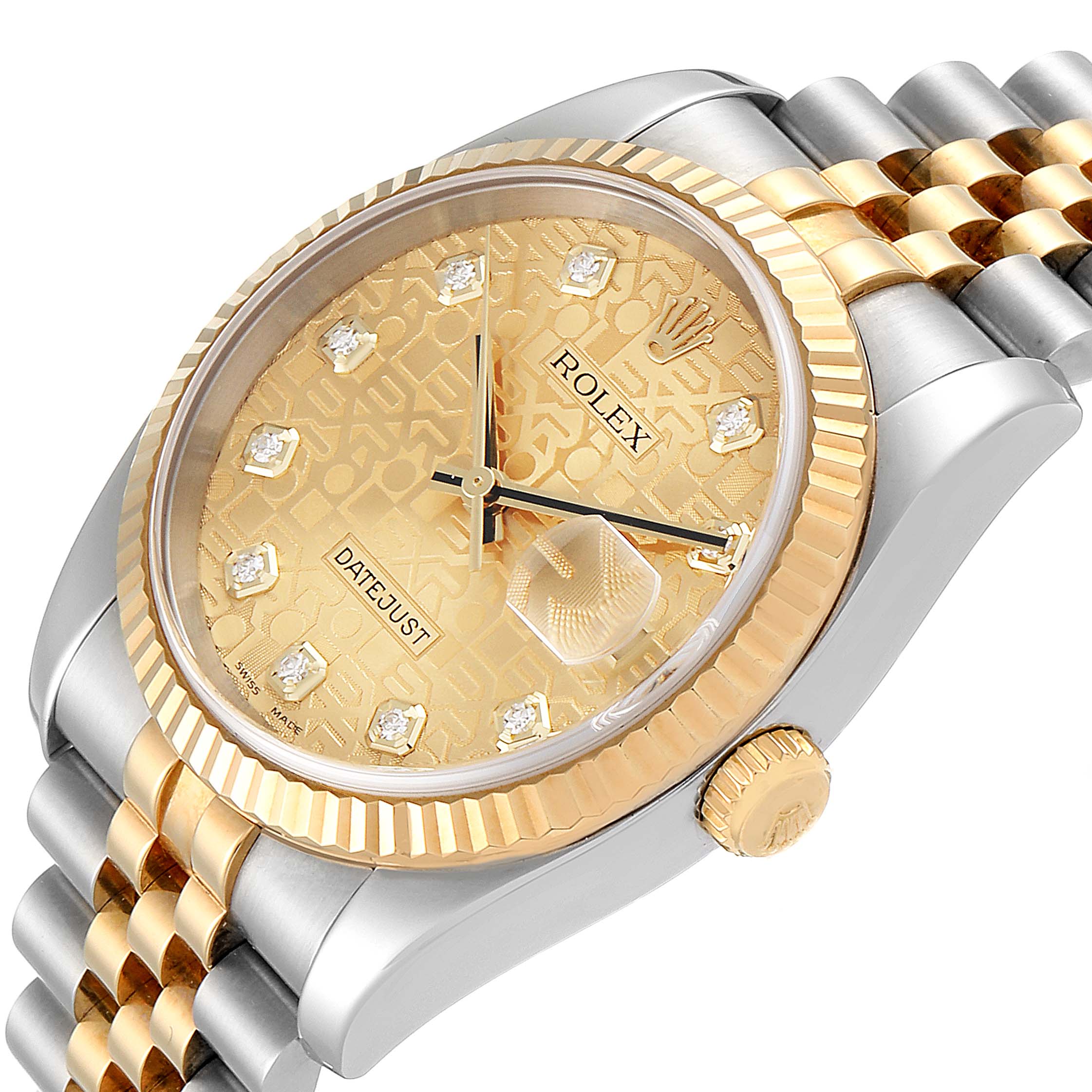 The image shows a close-up angle of a Rolex Datejust 116233 Men's Steel and Gold (two tone) Champagne Dial 116233 Men's Steel and Gold (two tone) Champagne Dial watch, highlighting the gold dial, bezel, and part of the two-tone bracelet.