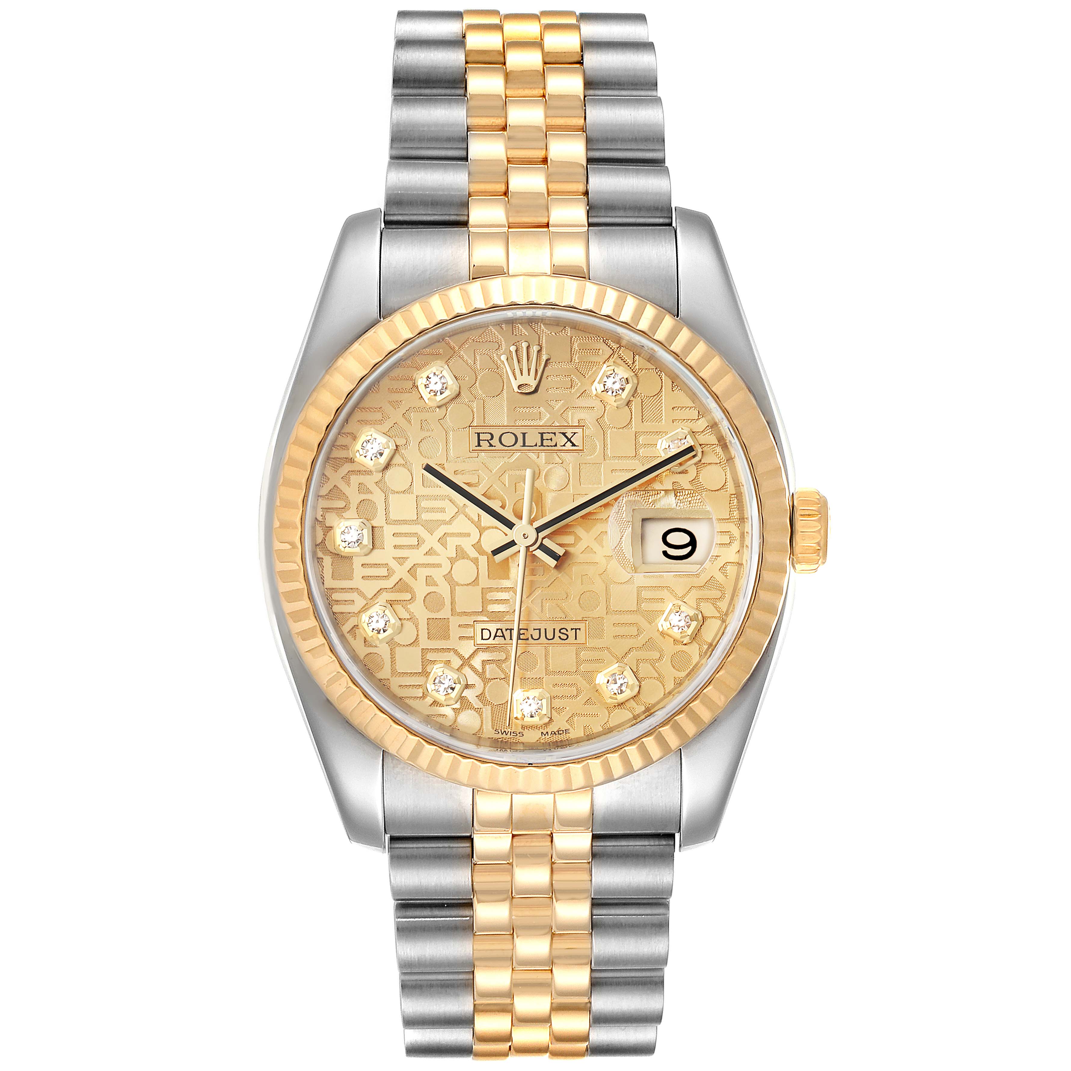 The image shows a front view of a Rolex Datejust 116233 Men's Steel and Gold (two tone) Champagne Dial 116233 Men's Steel and Gold (two tone) Champagne Dial watch featuring a gold and silver two-tone bracelet, fluted bezel, and champagne dial with diamond hour markers.