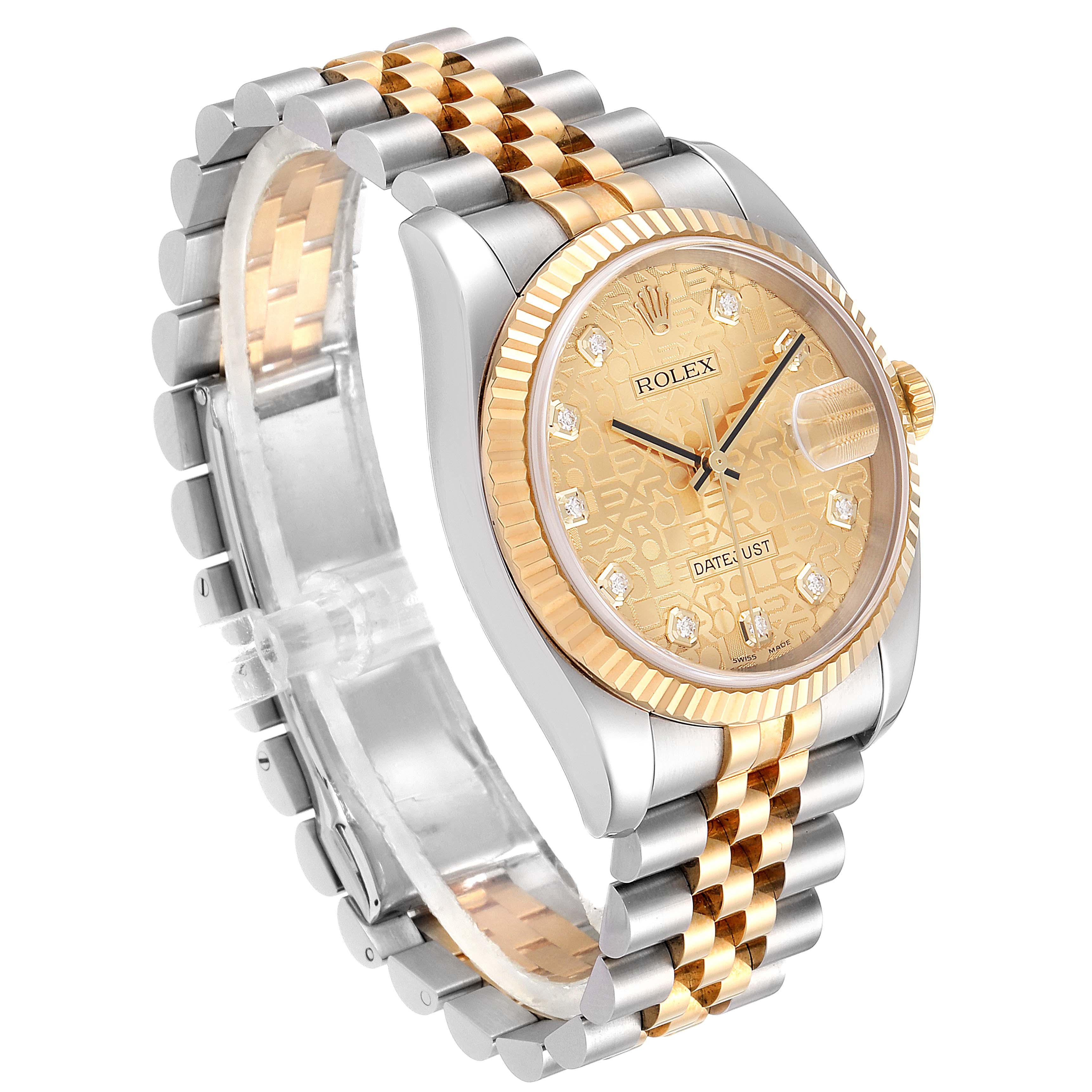 This Rolex Datejust 116233 Men's Steel and Gold (two tone) Champagne Dial 116233 Men's Steel and Gold (two tone) Champagne Dial watch is shown at a three-quarter angle, highlighting the two-tone bracelet, dial, and fluted bezel.