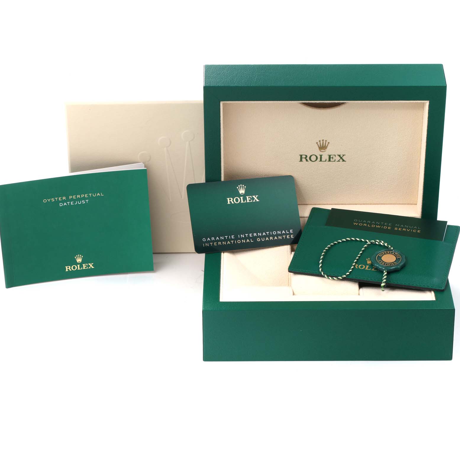 The image shows the warranty cards, booklet, and packaging accessories for the Rolex Datejust 41 126300 Men's Stainless Steel Blue Dial 126300 Men's Stainless Steel Blue Dial watch.