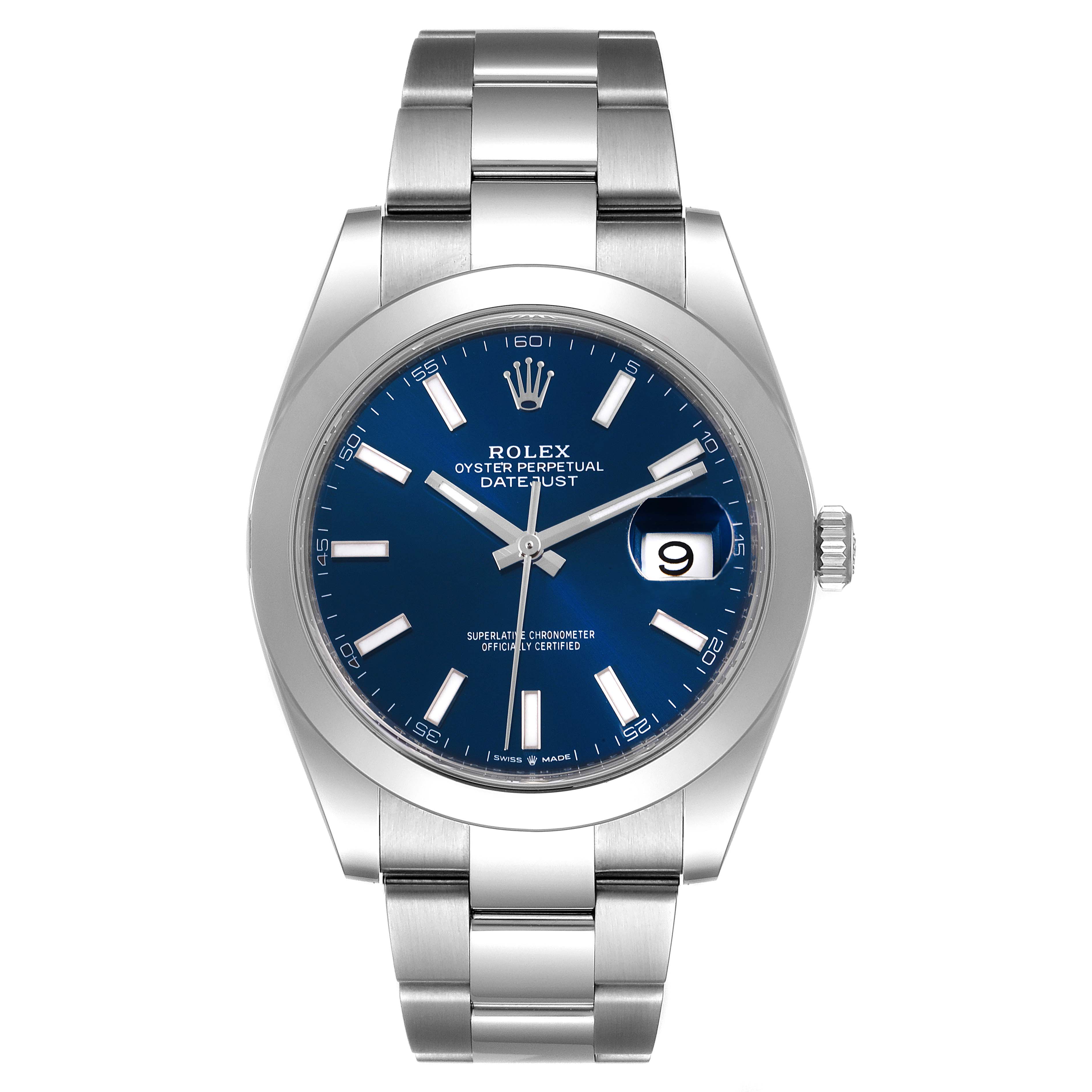 The image shows a front view of the Rolex Datejust 41 126300 Men's Stainless Steel Blue Dial 126300 Men's Stainless Steel Blue Dial watch, featuring its blue dial, date window, and stainless steel bracelet.