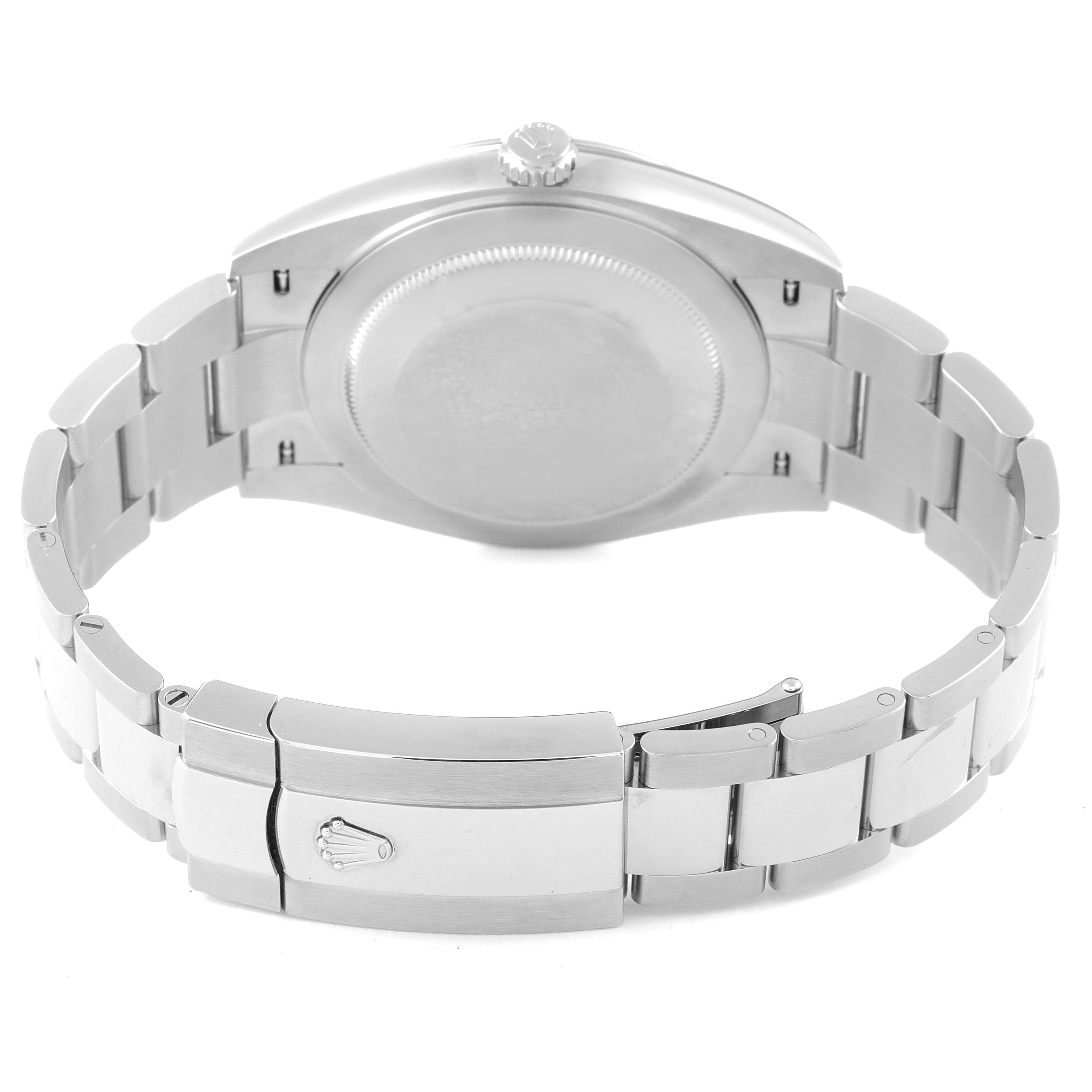 The image shows the back and clasp of the Rolex Datejust 41 126300 Men's Stainless Steel Blue Dial 126300 Men's Stainless Steel Blue Dial, highlighting its stainless steel bracelet and closed case back.