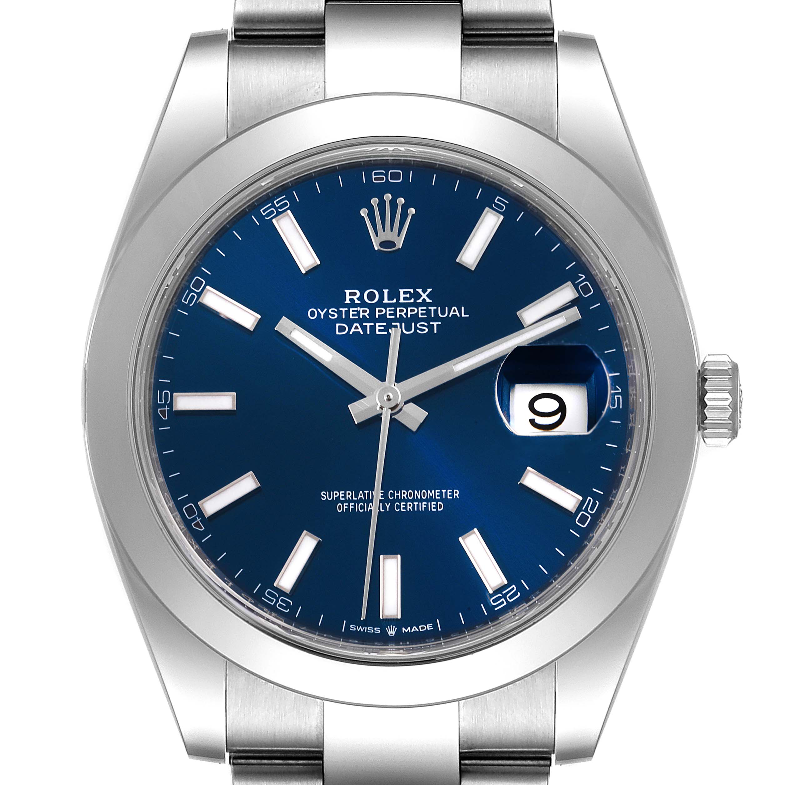 The Rolex Datejust 41 126300 Men's Stainless Steel Blue Dial 126300 Men's Stainless Steel Blue Dial watch is shown from a straight-on angle, highlighting the dial, bezel, and part of the bracelet.