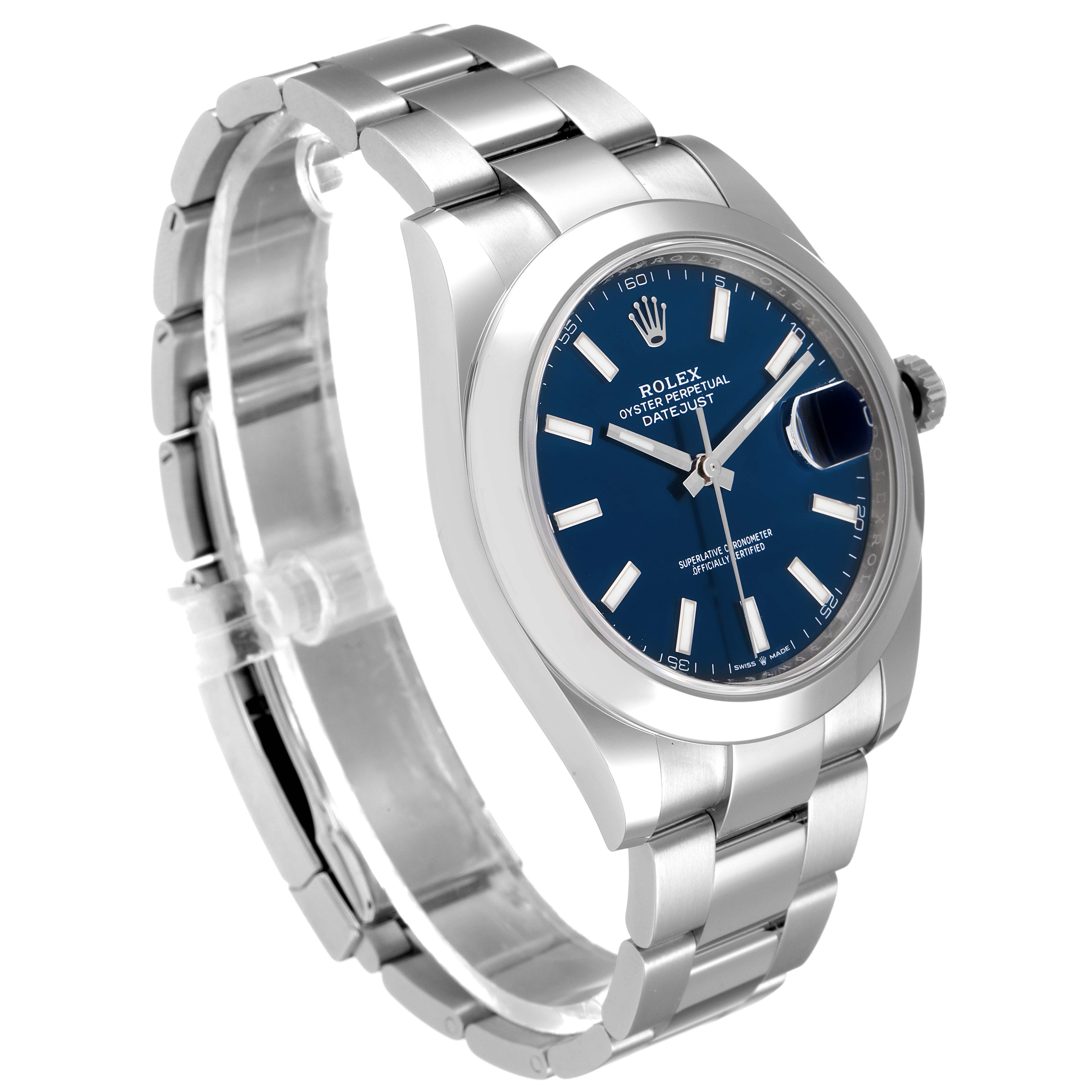 The image shows the Rolex Datejust 41 126300 Men's Stainless Steel Blue Dial 126300 Men's Stainless Steel Blue Dial watch at a three-quarter angle emphasizing the bracelet and blue dial.