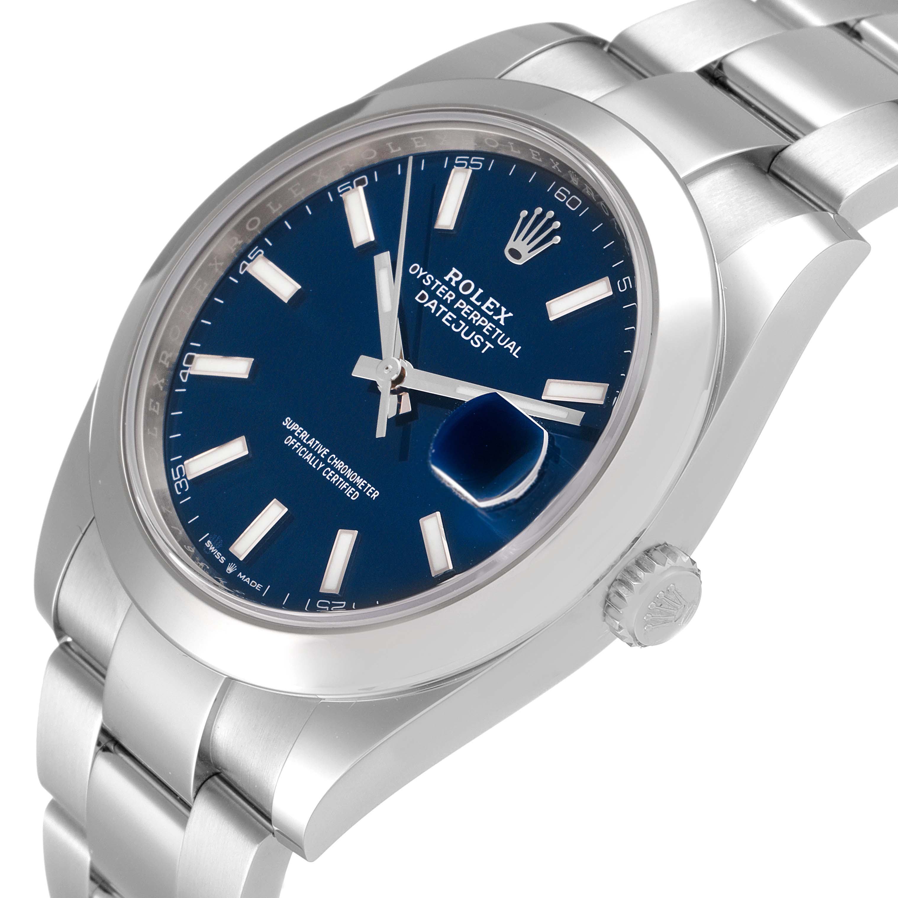 The image shows an angled view of the dial, bezel, and bracelet of the Rolex Datejust 41 126300 Men's Stainless Steel Blue Dial 126300 Men's Stainless Steel Blue Dial watch.