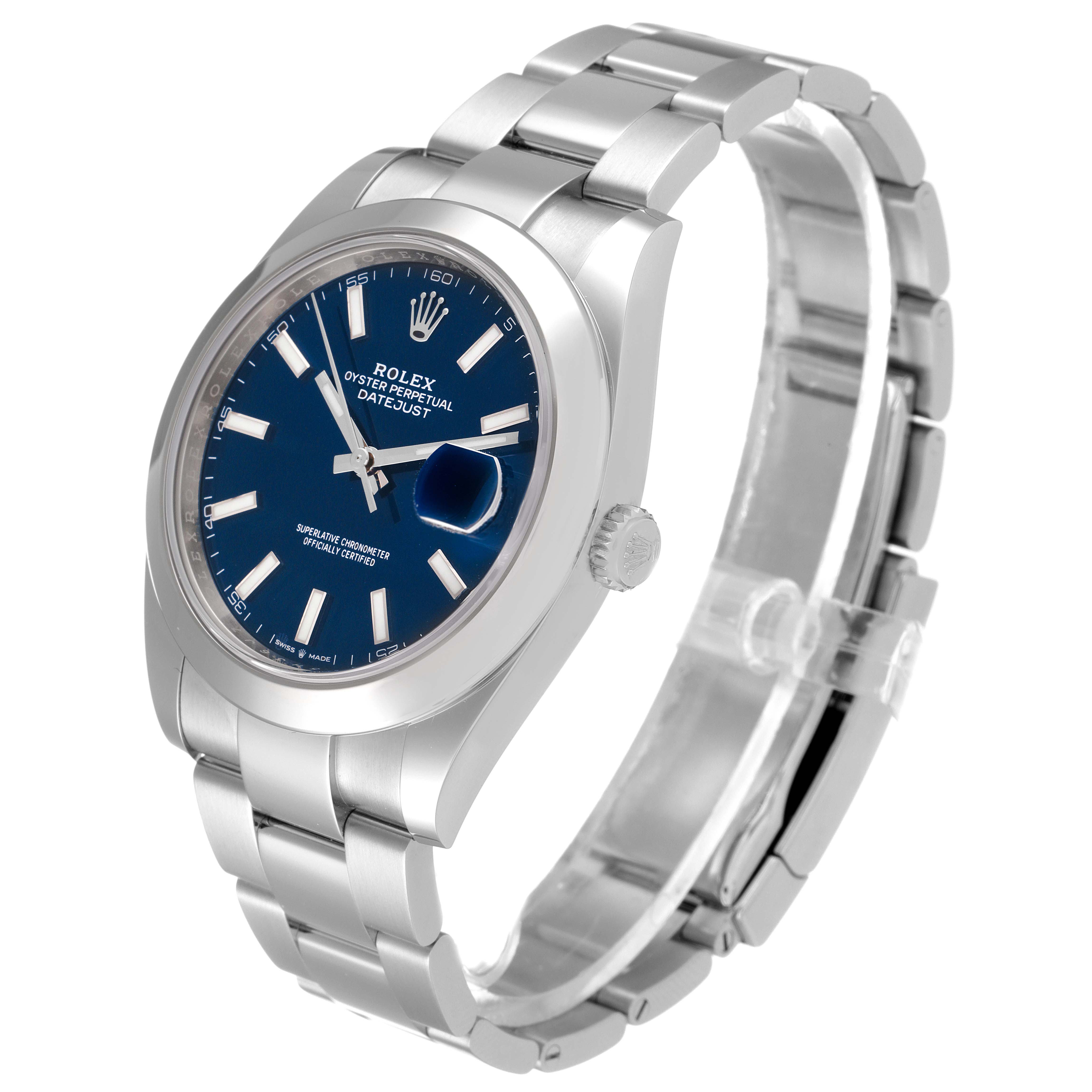 This image shows a Rolex Datejust 41 126300 Men's Stainless Steel Blue Dial 126300 Men's Stainless Steel Blue Dial model watch from a three-quarter angle, displaying the dial, crown, and bracelet.