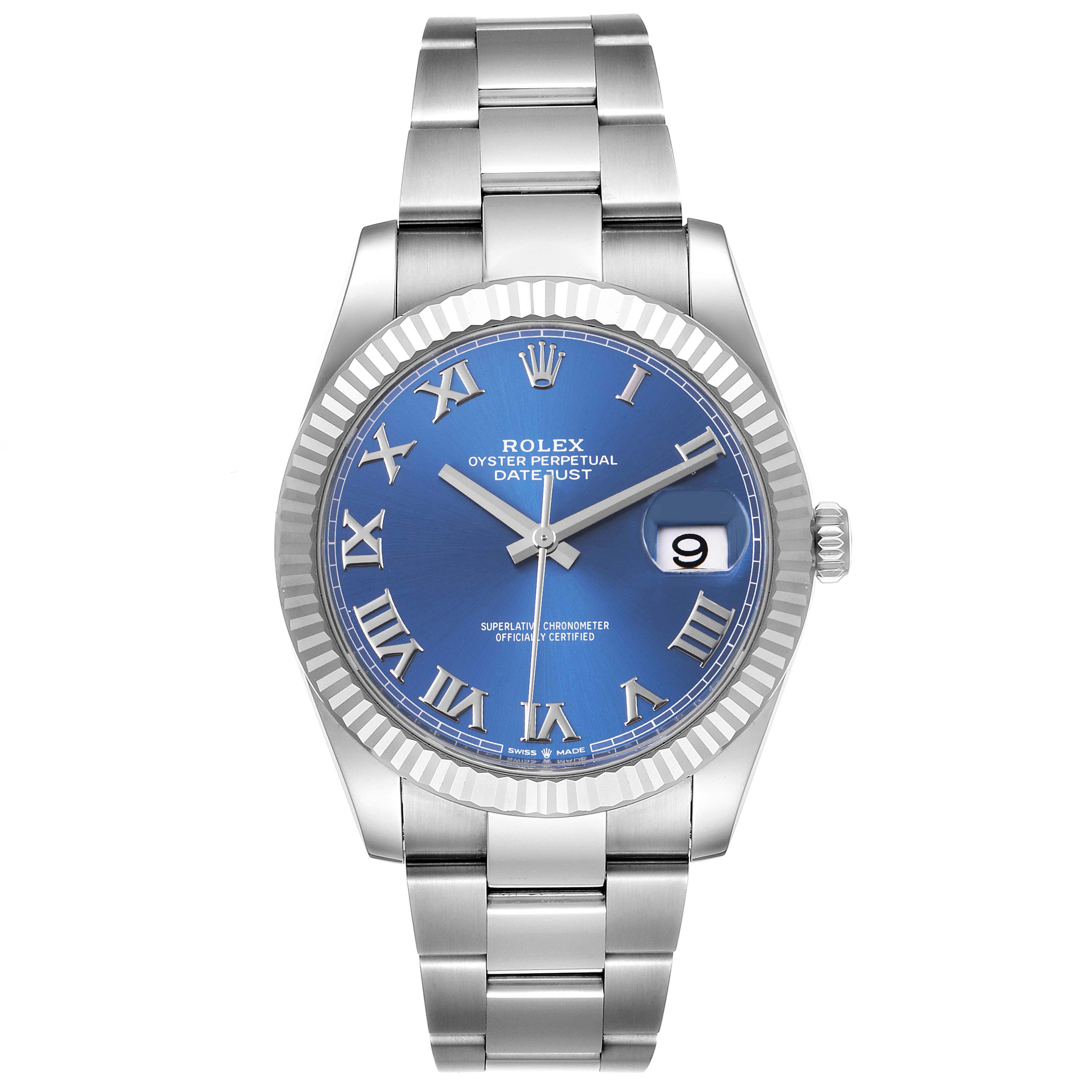 This image shows a front view of the Rolex Datejust 41 126334 Men's Stainless Steel Blue Dial 126334 Men's Stainless Steel Blue Dial watch, highlighting the blue dial, Roman numerals, and stainless steel bracelet.