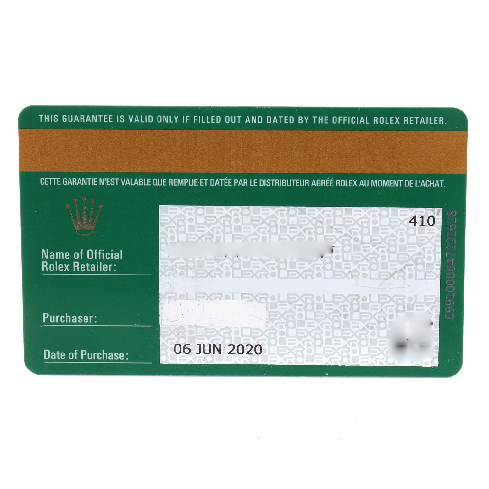 The image shows the guarantee card for the Rolex Datejust 41 126334 Men's Stainless Steel Blue Dial 126334 Men's Stainless Steel Blue Dial model, including details of the retailer, purchaser, and date of purchase.