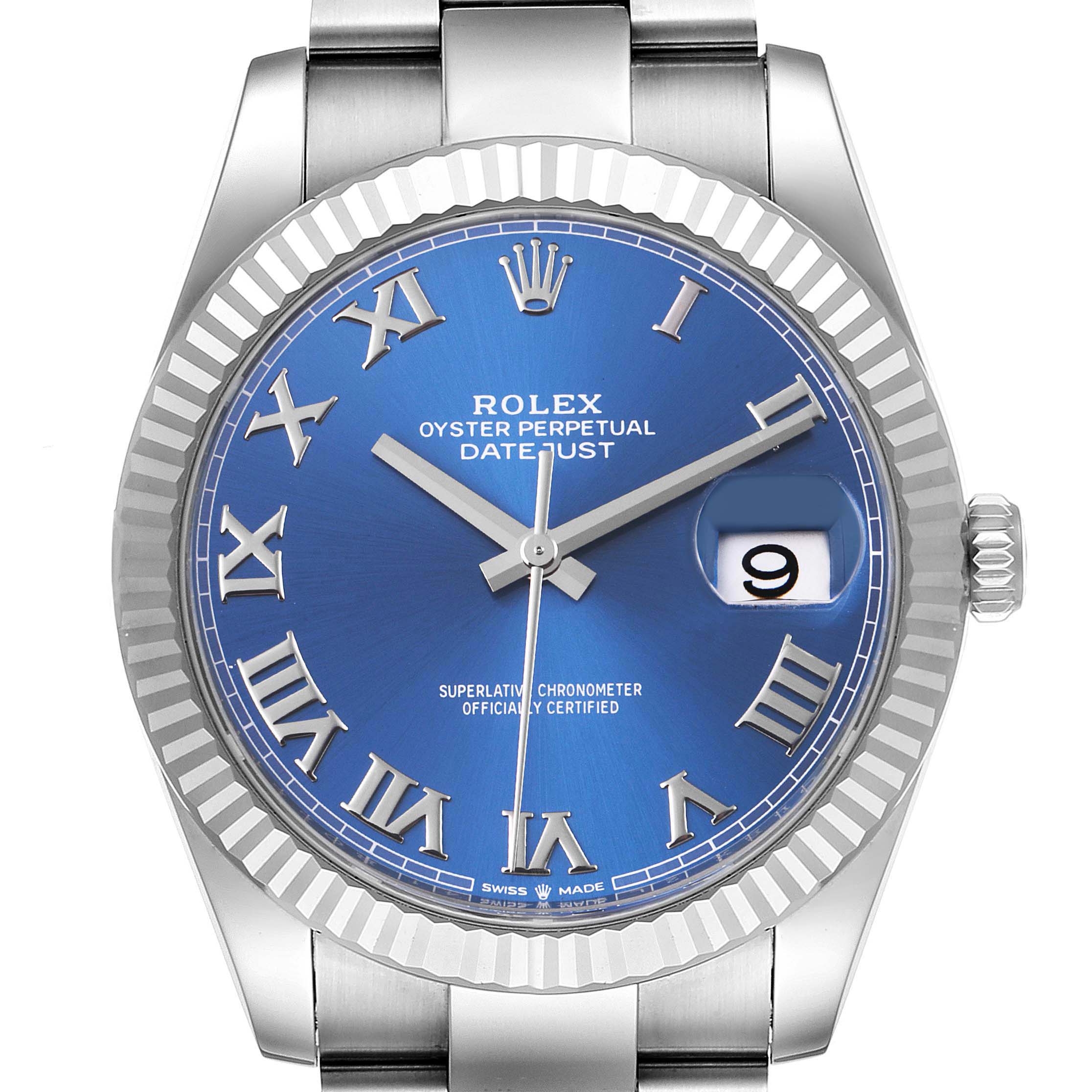 The image shows a front view of the Rolex Datejust 41 126334 Men's Stainless Steel Blue Dial 126334 Men's Stainless Steel Blue Dial watch with a blue dial featuring Roman numerals.