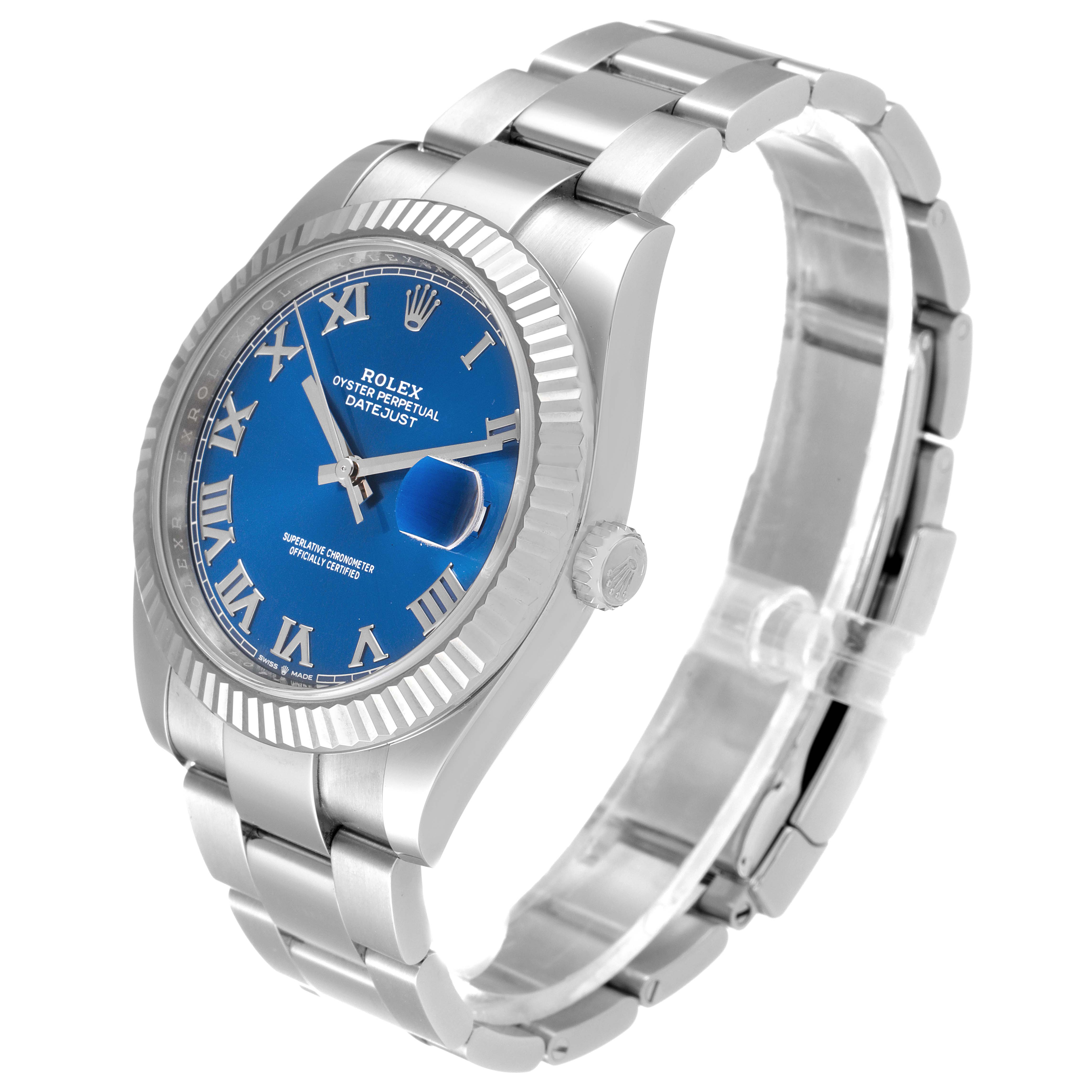 The Rolex Datejust 41 126334 Men's Stainless Steel Blue Dial 126334 Men's Stainless Steel Blue Dial watch is shown from a three-quarter angle, displaying the dial, bezel, and bracelet.