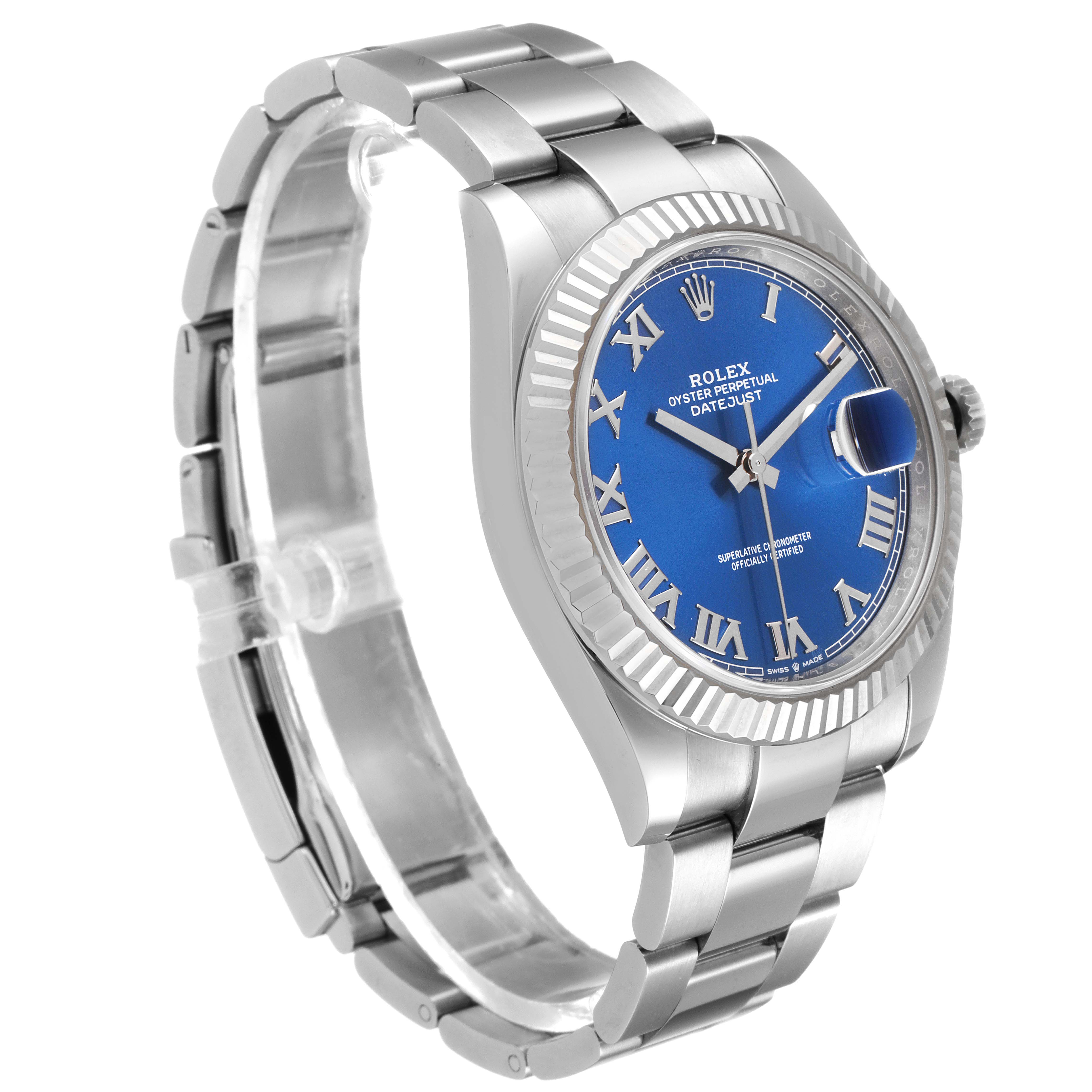 The image shows a Rolex Datejust 41 126334 Men's Stainless Steel Blue Dial 126334 Men's Stainless Steel Blue Dial watch at a slight angle, displaying the bracelet, blue dial, Roman numeral markers, and fluted bezel.