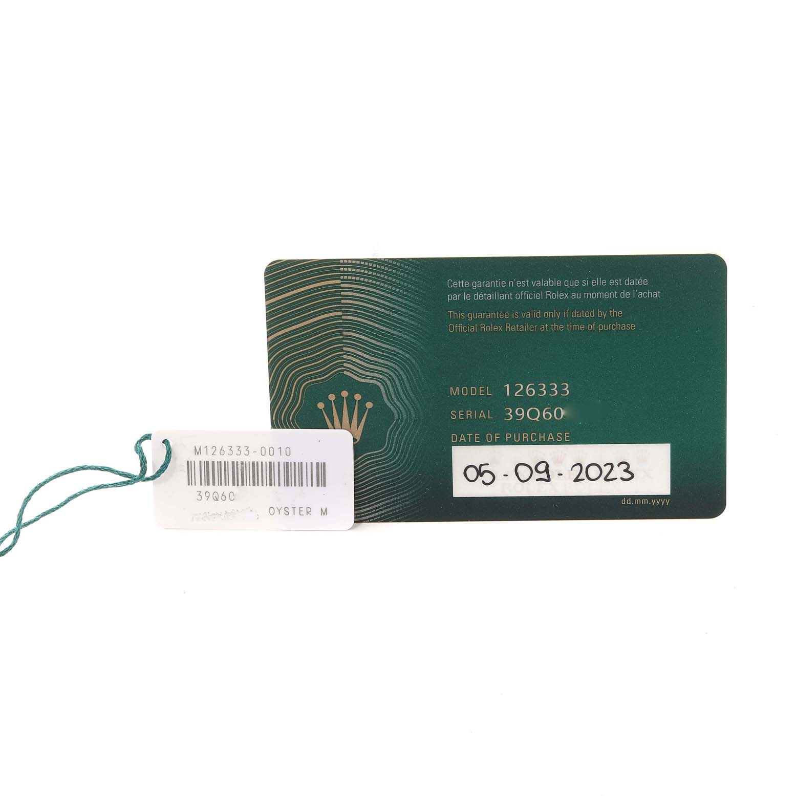 The image shows the warranty card and tag for the Rolex Datejust 41 126333 Men's Steel and Gold (two tone) Champagne Dial 126333 Men's Steel and Gold (two tone) Champagne Dial model, including model and serial numbers.