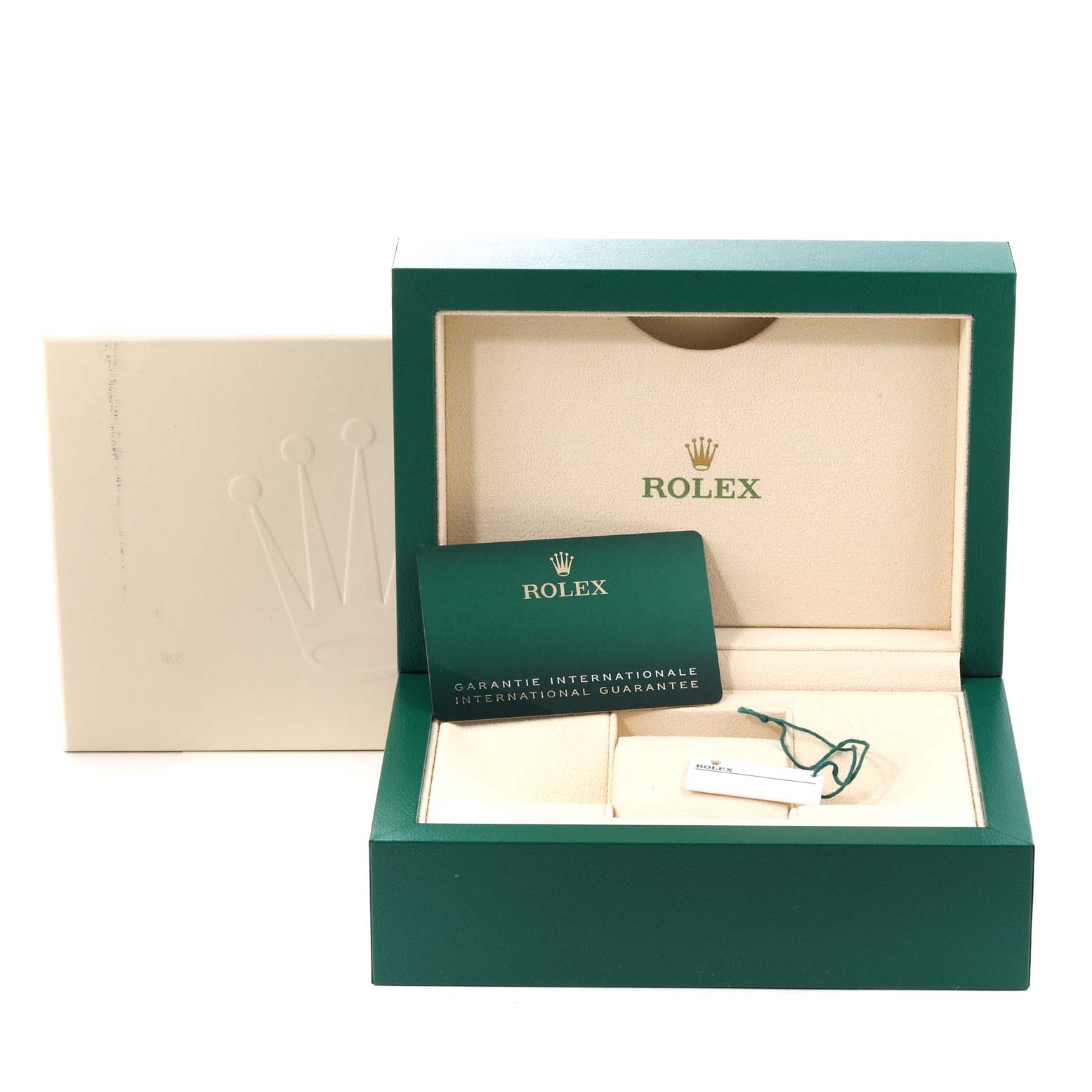 The image shows the packaging, international guarantee card, and tags for a Rolex Datejust 41 126333 Men's Steel and Gold (two tone) Champagne Dial 126333 Men's Steel and Gold (two tone) Champagne Dial watch.