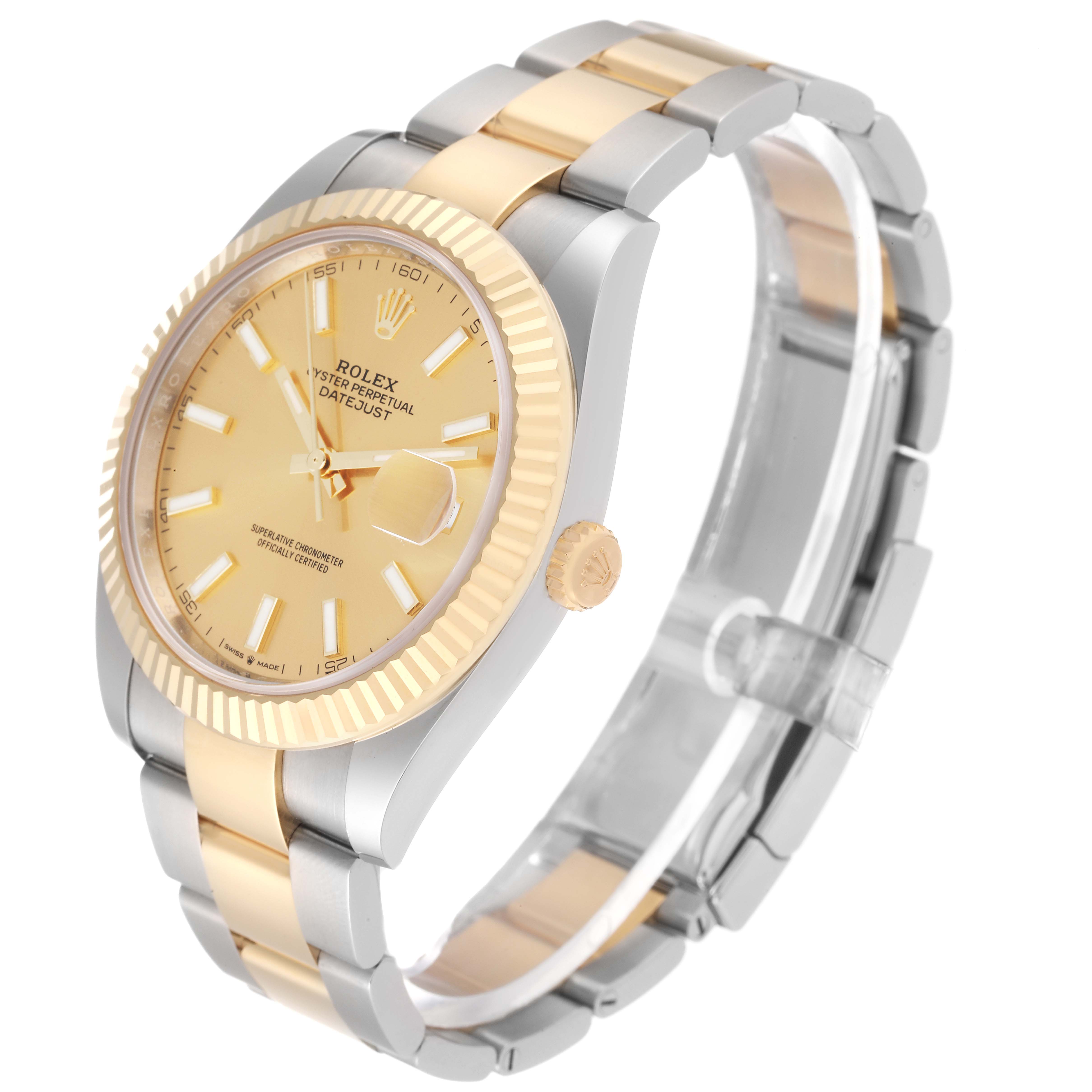 The Rolex Datejust 41 126333 Men's Steel and Gold (two tone) Champagne Dial 126333 Men's Steel and Gold (two tone) Champagne Dial watch is shown at a 3/4 angle, highlighting the face, bezel, and bracelet.