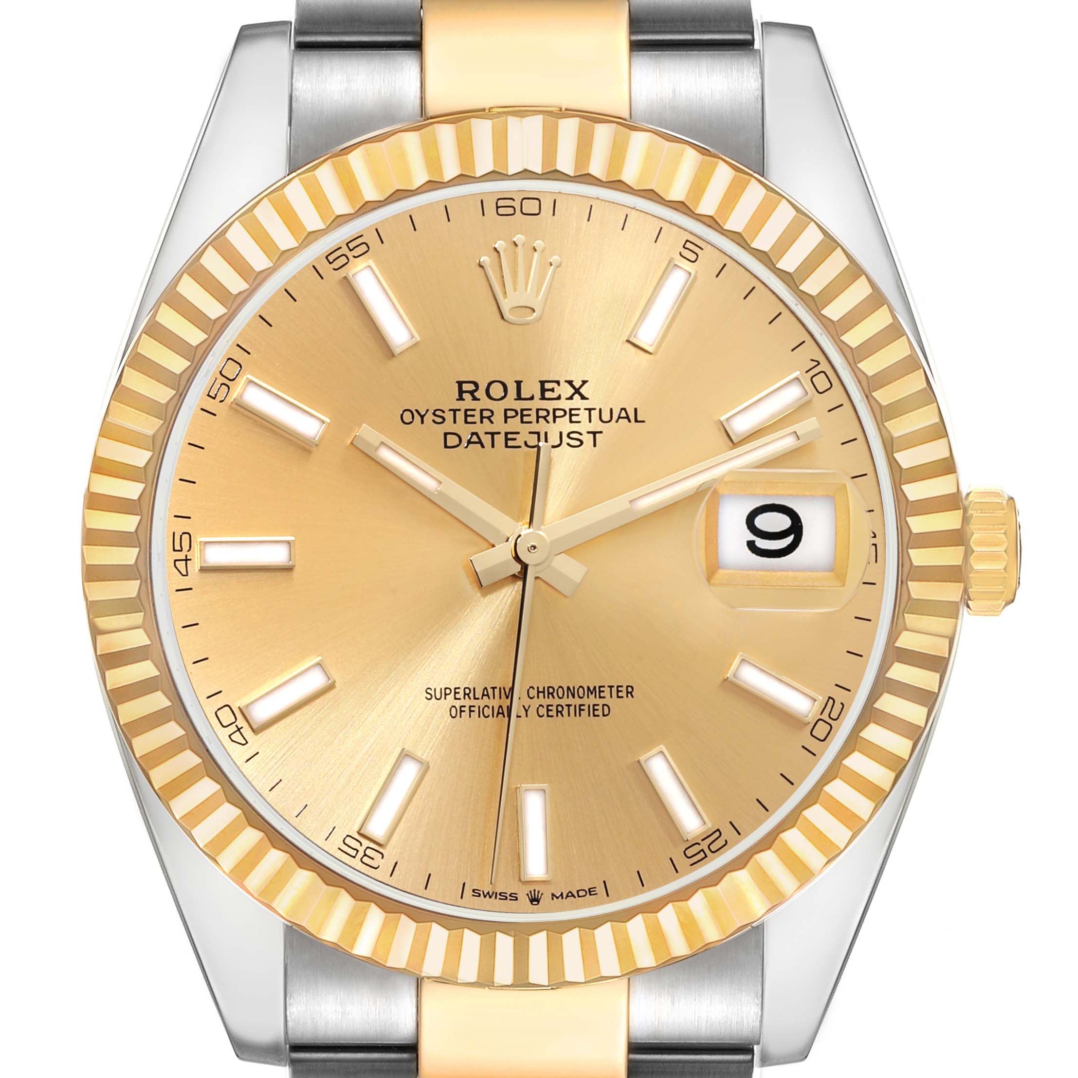 The image shows a front view of a Rolex Datejust 41 126333 Men's Steel and Gold (two tone) Champagne Dial 126333 Men's Steel and Gold (two tone) Champagne Dial, highlighting its gold dial, fluted bezel, and date window at 3 o'clock.