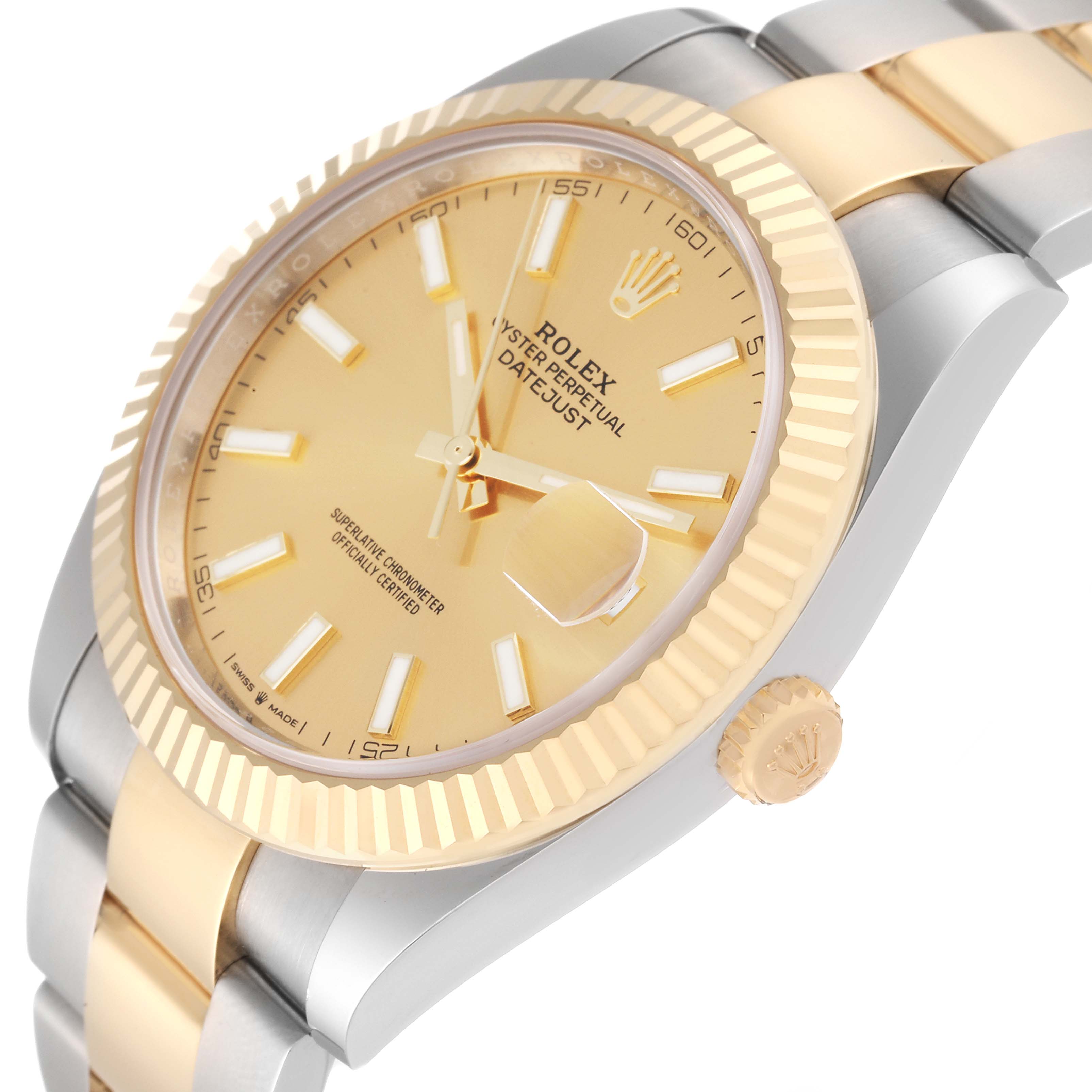 The image shows a close-up, angled view of the Rolex Datejust 41 126333 Men's Steel and Gold (two tone) Champagne Dial 126333 Men's Steel and Gold (two tone) Champagne Dial watch, highlighting the dial, bezel, crown, and part of the bracelet.