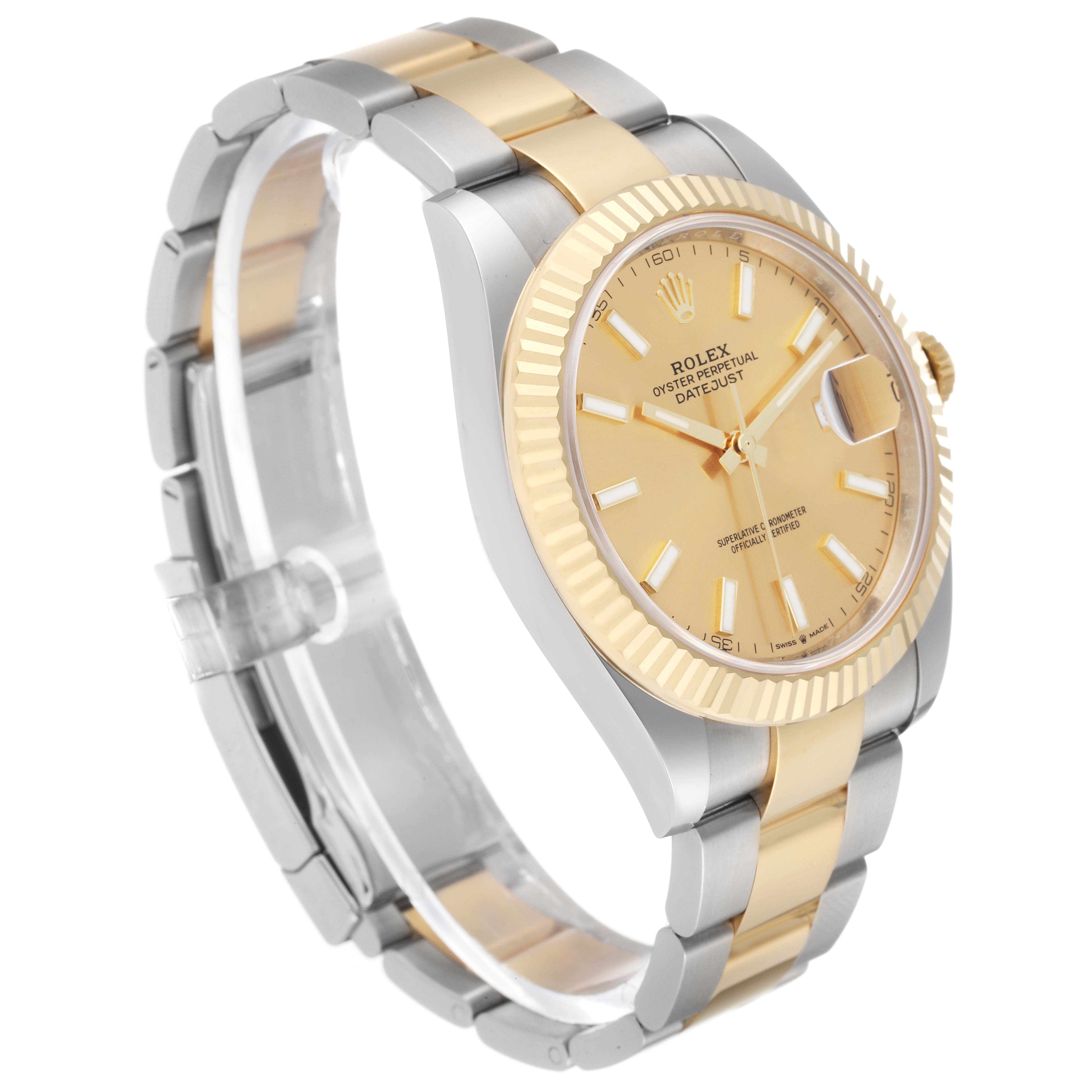 The Rolex Datejust 41 126333 Men's Steel and Gold (two tone) Champagne Dial 126333 Men's Steel and Gold (two tone) Champagne Dial watch is shown at a slight angle highlighting the gold dial, fluted bezel, and two-tone bracelet.