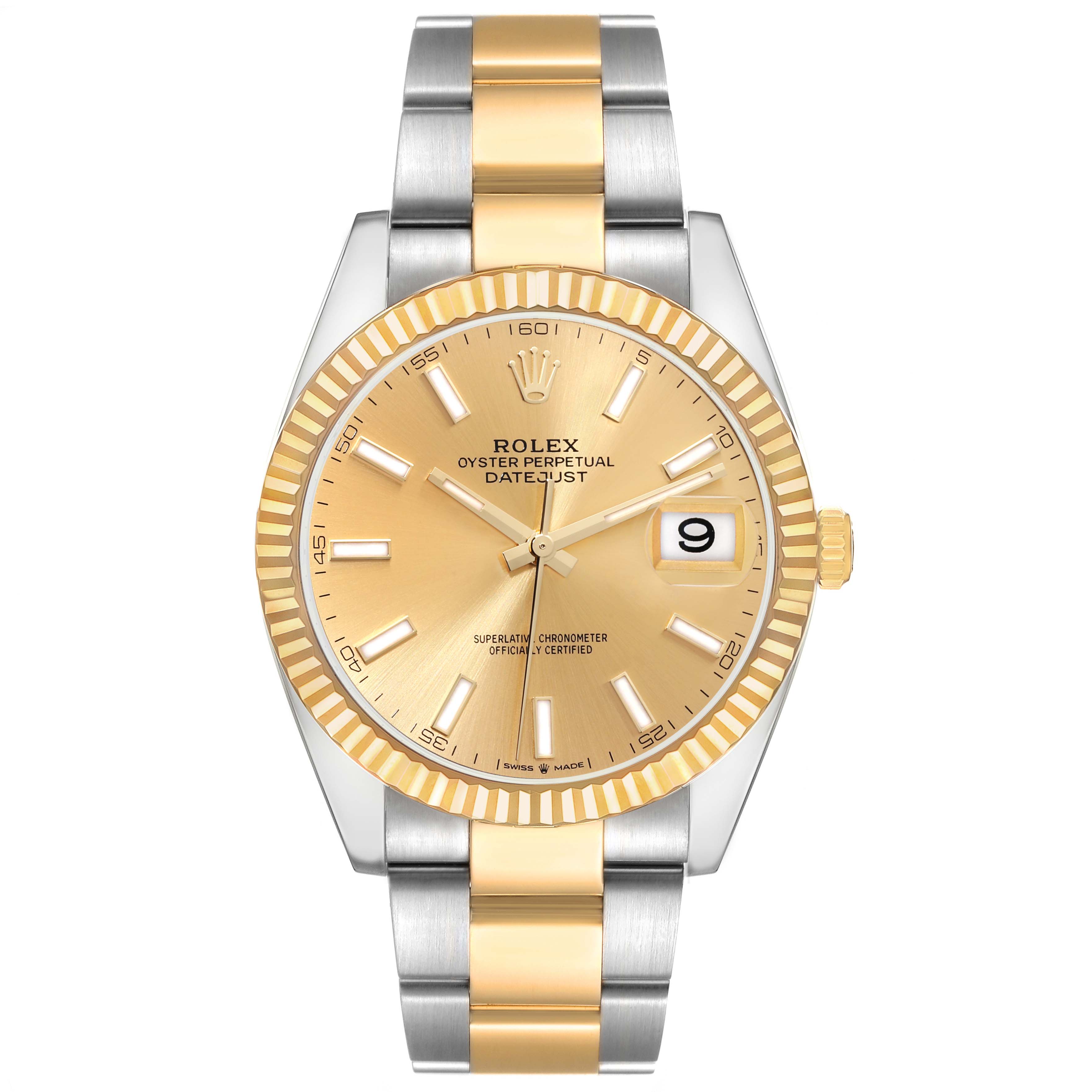 The image shows the front view of the Rolex Datejust 41 126333 Men's Steel and Gold (two tone) Champagne Dial 126333 Men's Steel and Gold (two tone) Champagne Dial watch, displaying its dial, case, and two-tone bracelet.