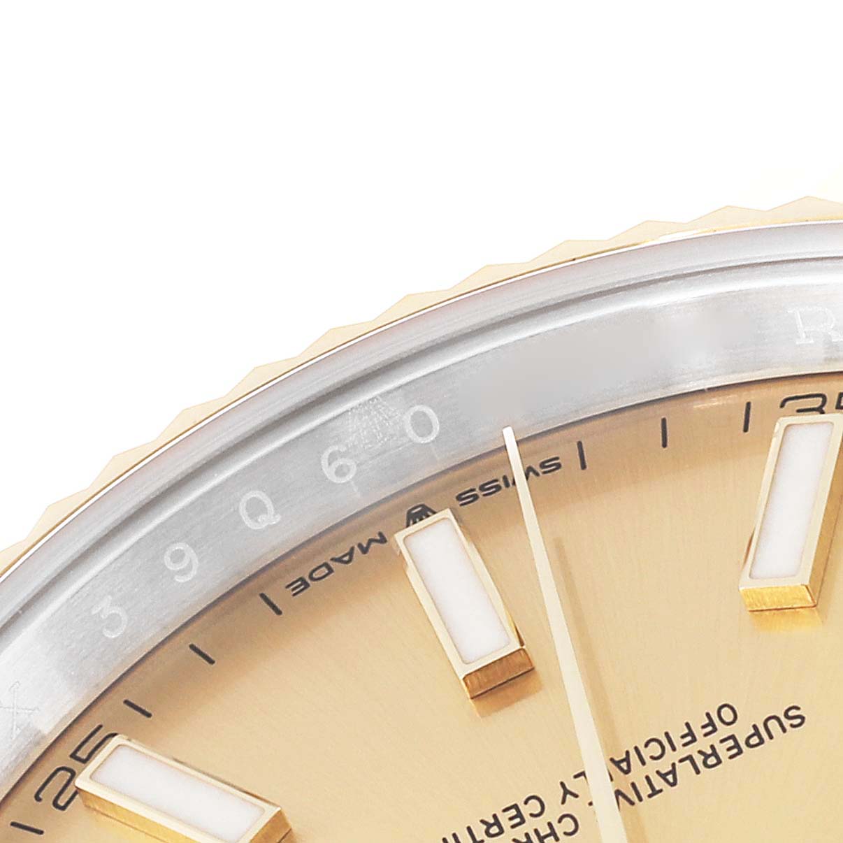 The image shows a close-up angle of the Rolex Datejust 41 126333 Men's Steel and Gold (two tone) Champagne Dial 126333 Men's Steel and Gold (two tone) Champagne Dial watch, highlighting the dial, hour markers, and part of the bezel.
