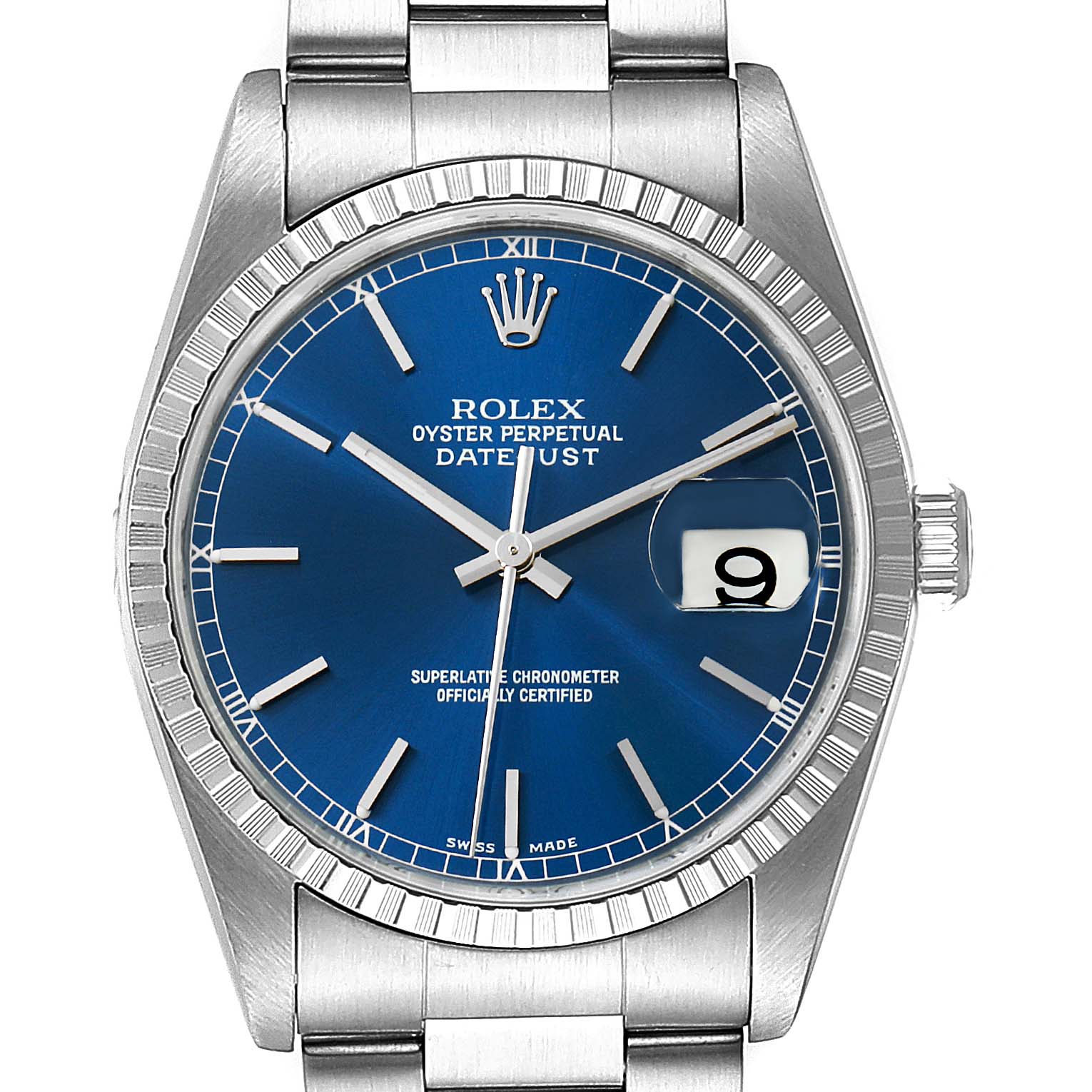 This is a close-up of a Rolex Datejust 16200 Men's Stainless Steel Blue Dial 16200 Men's Stainless Steel Blue Dial watch showing the face, bezel, and part of the bracelet.