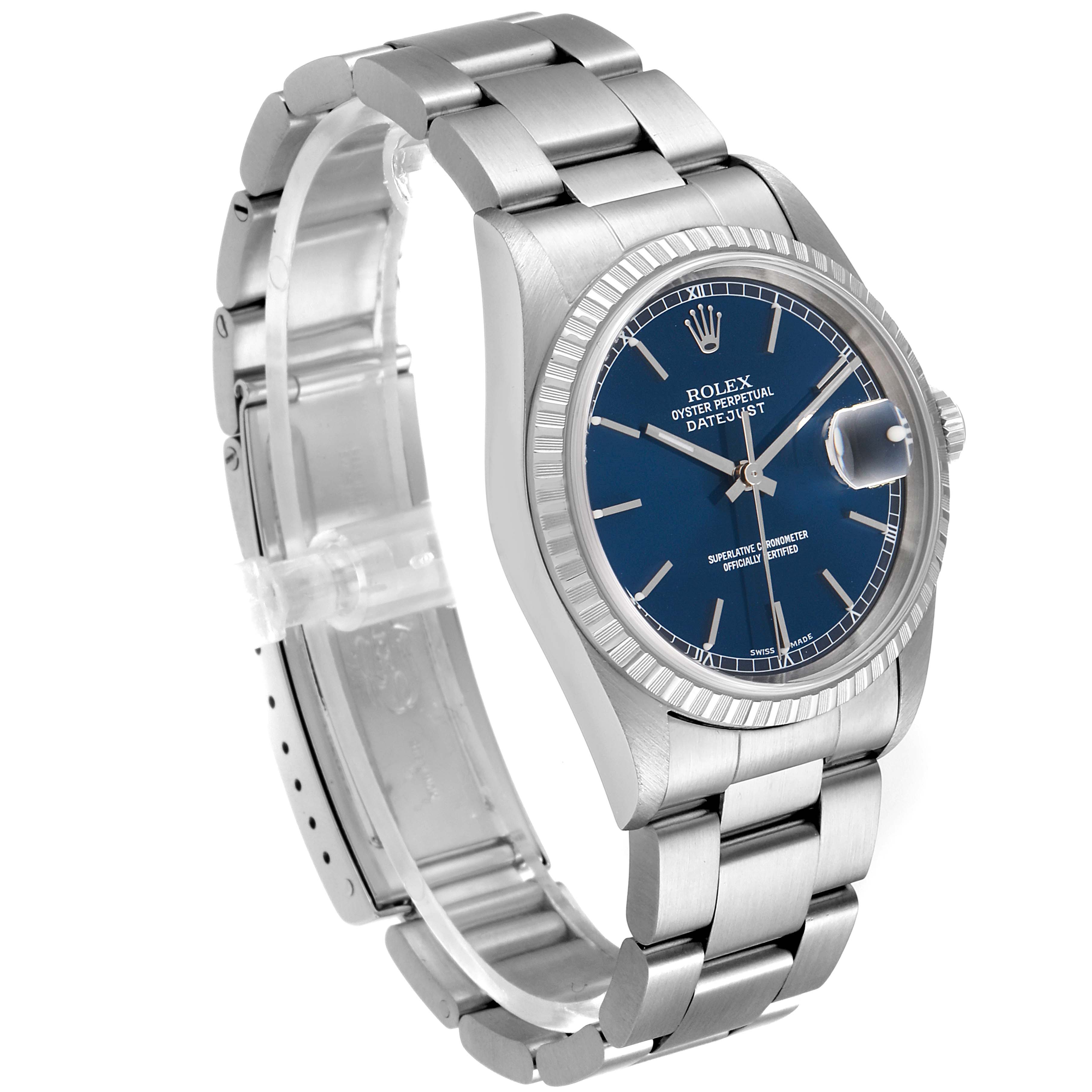 The image shows a Rolex Datejust 16200 Men's Stainless Steel Blue Dial 16200 Men's Stainless Steel Blue Dial watch at a three-quarter angle, displaying its face, bezel, case, and part of the bracelet.