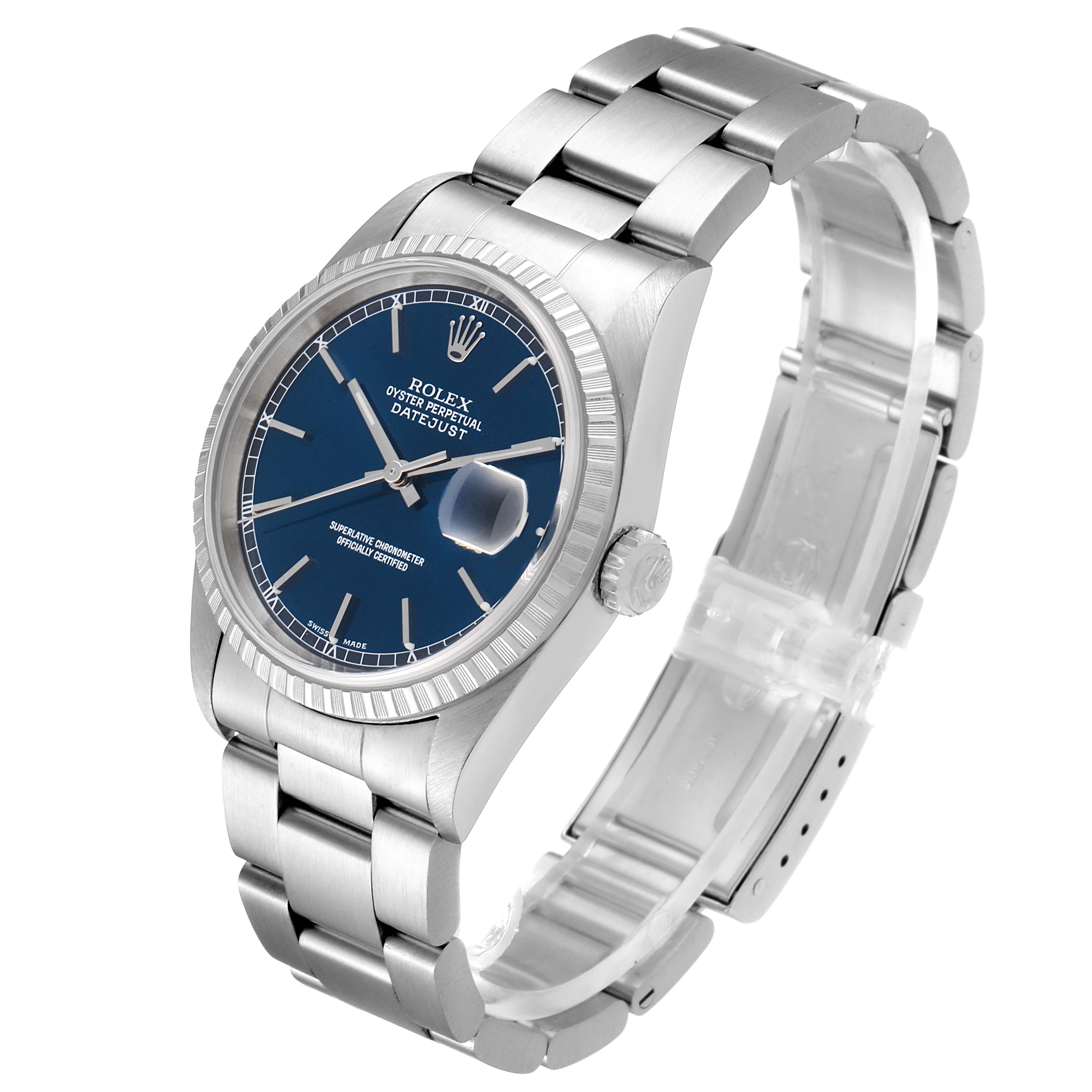 The Rolex Datejust 16200 Men's Stainless Steel Blue Dial 16200 Men's Stainless Steel Blue Dial watch is shown at an angled side view, highlighting its blue dial, bezel, bracelet, and clasp.