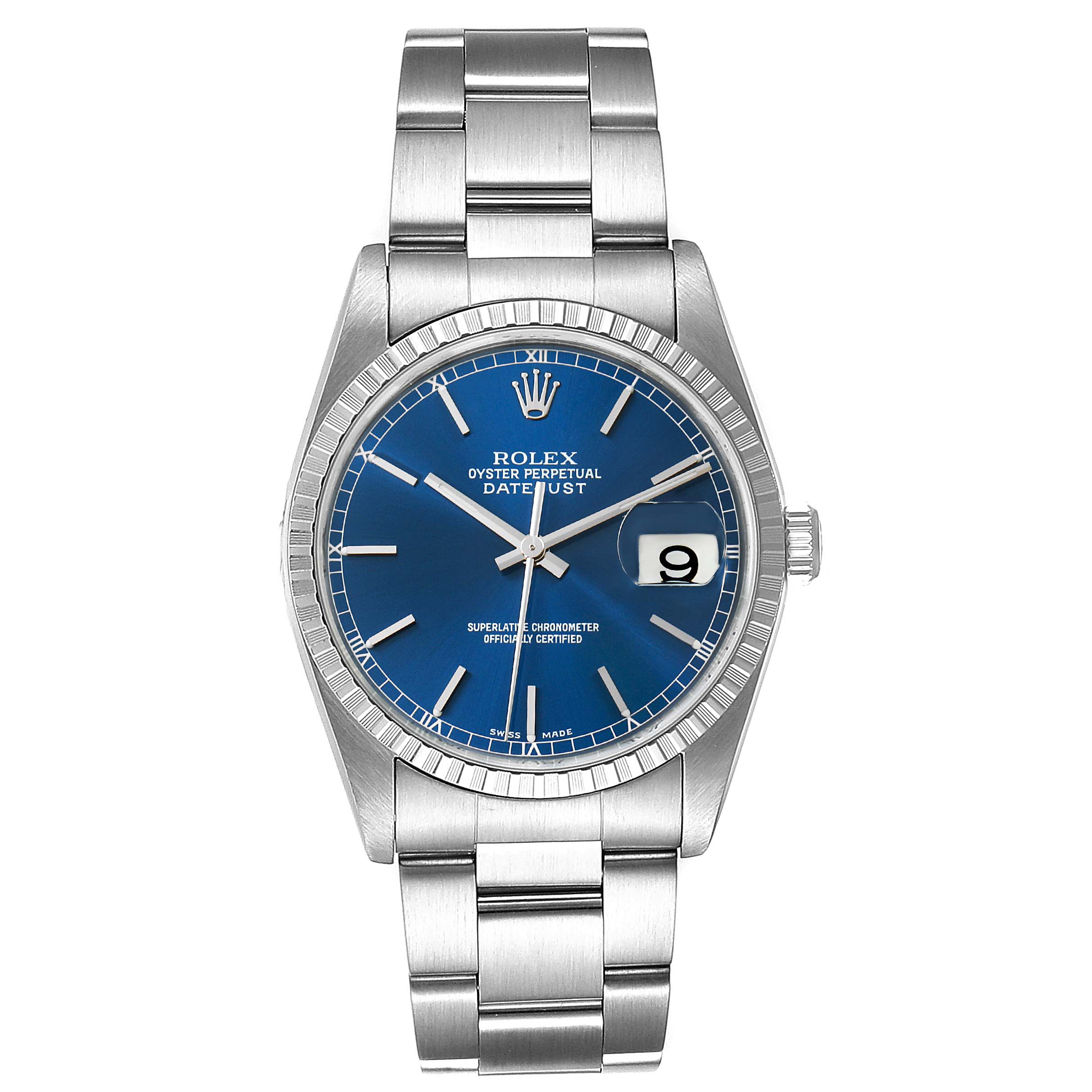 This image shows a front view of the Rolex Datejust 16200 Men's Stainless Steel Blue Dial 16200 Men's Stainless Steel Blue Dial watch featuring a blue dial and a stainless steel bracelet.