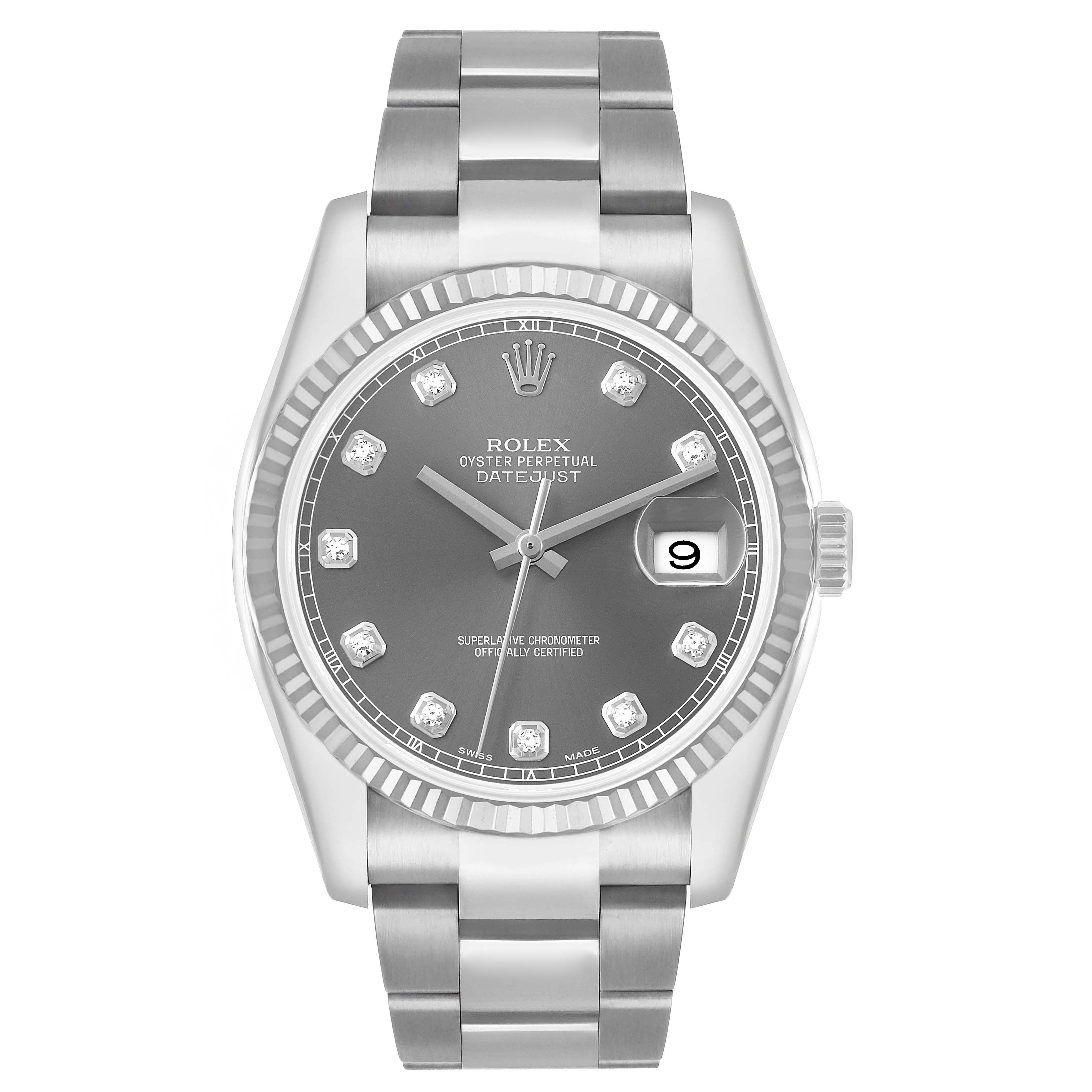 The Rolex Datejust 41 116334 Men's Stainless Steel Silver Dial is shown from the front, highlighting the dial, bezel, bracelet, and date window.