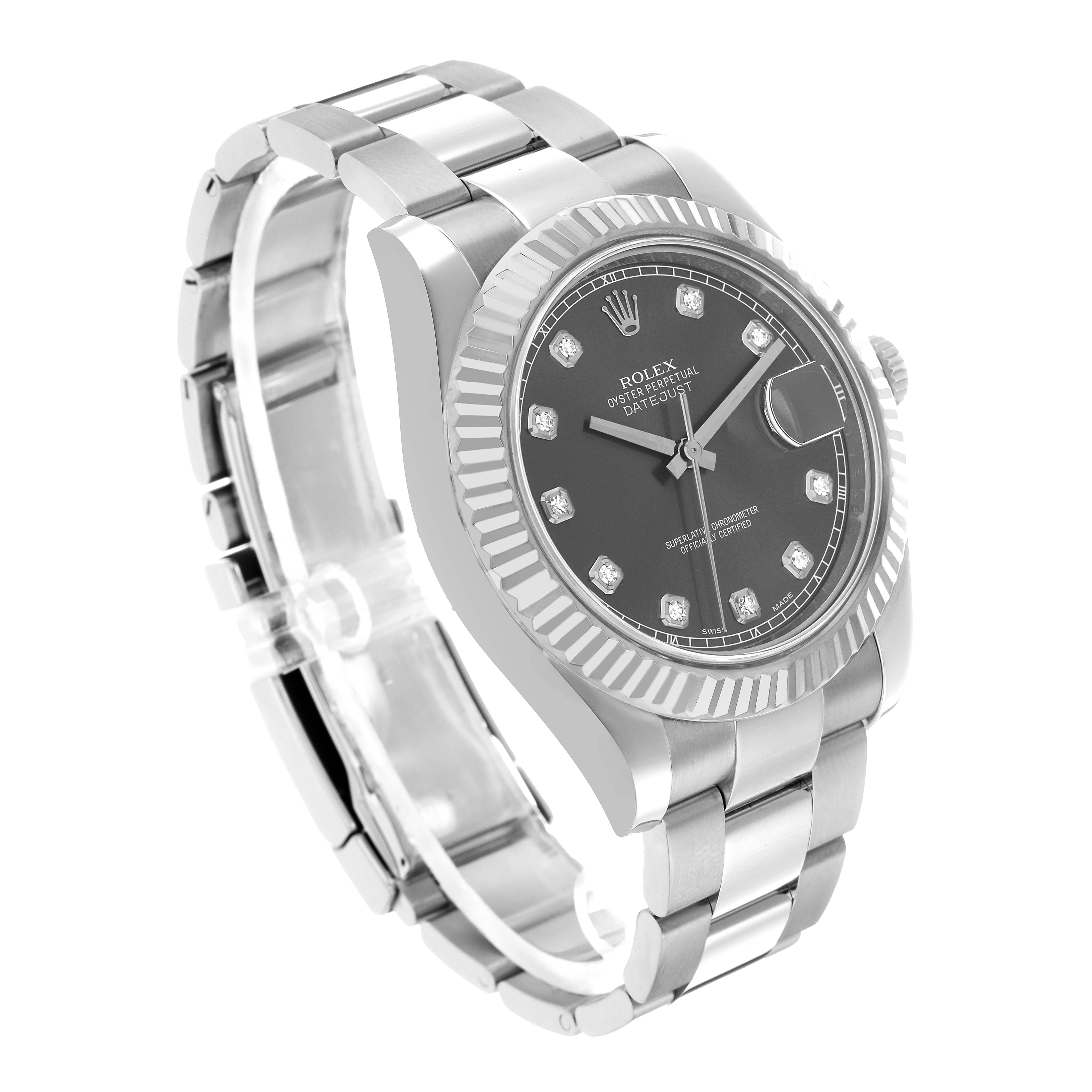 The Rolex Datejust 41 116334 Men's Stainless Steel Silver Dial watch is shown at a three-quarter angle, highlighting the silver bracelet, bezel, and black dial.